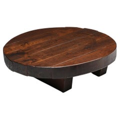 Solid Dark Wooden Wabi-Sabi Round Coffee Table, Rustic, 1950's