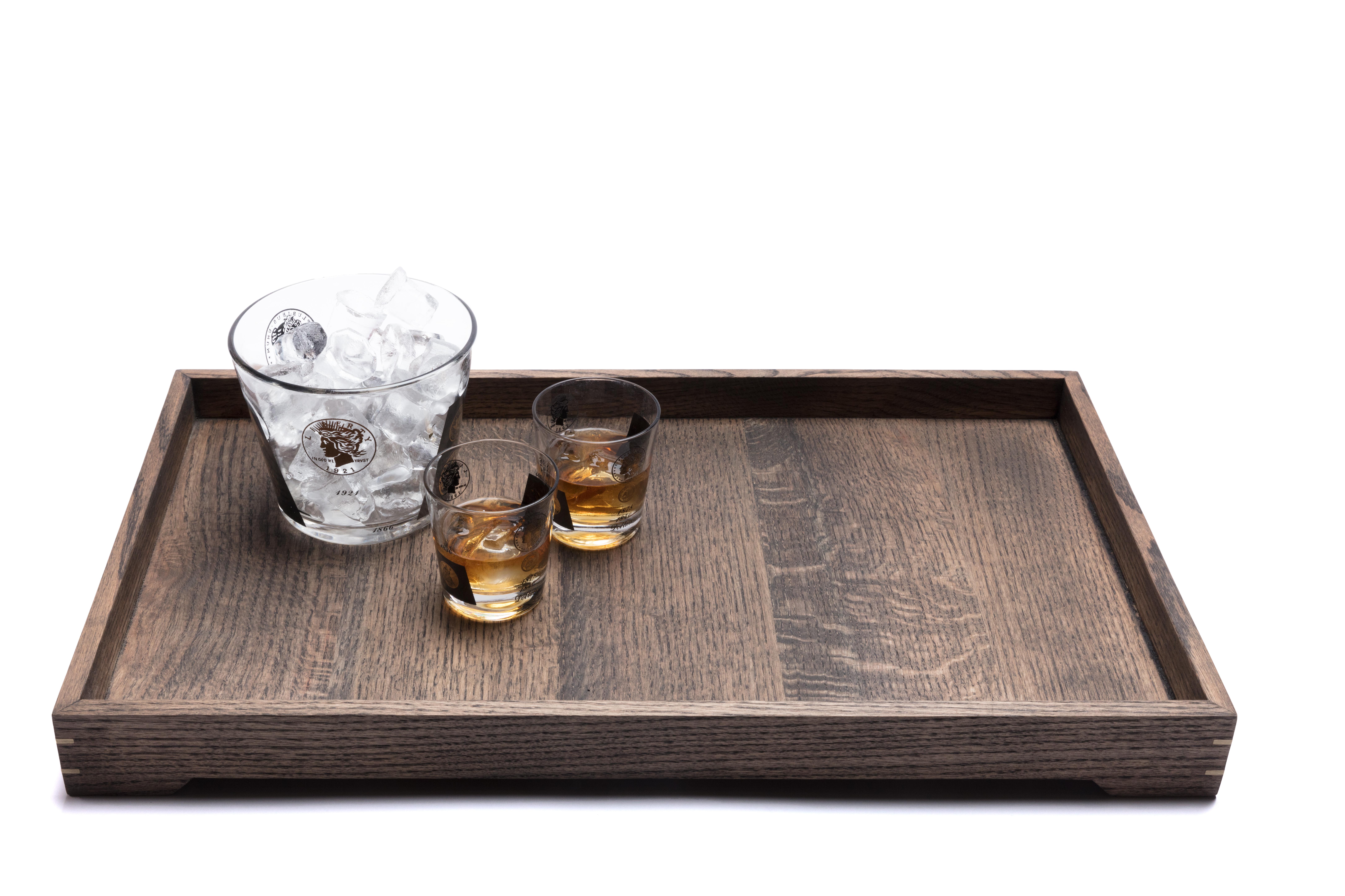 Organic Modern Solid Ebonized Oak Wood and Brass Tray for Barware or Ottoman Display or Jewelry For Sale