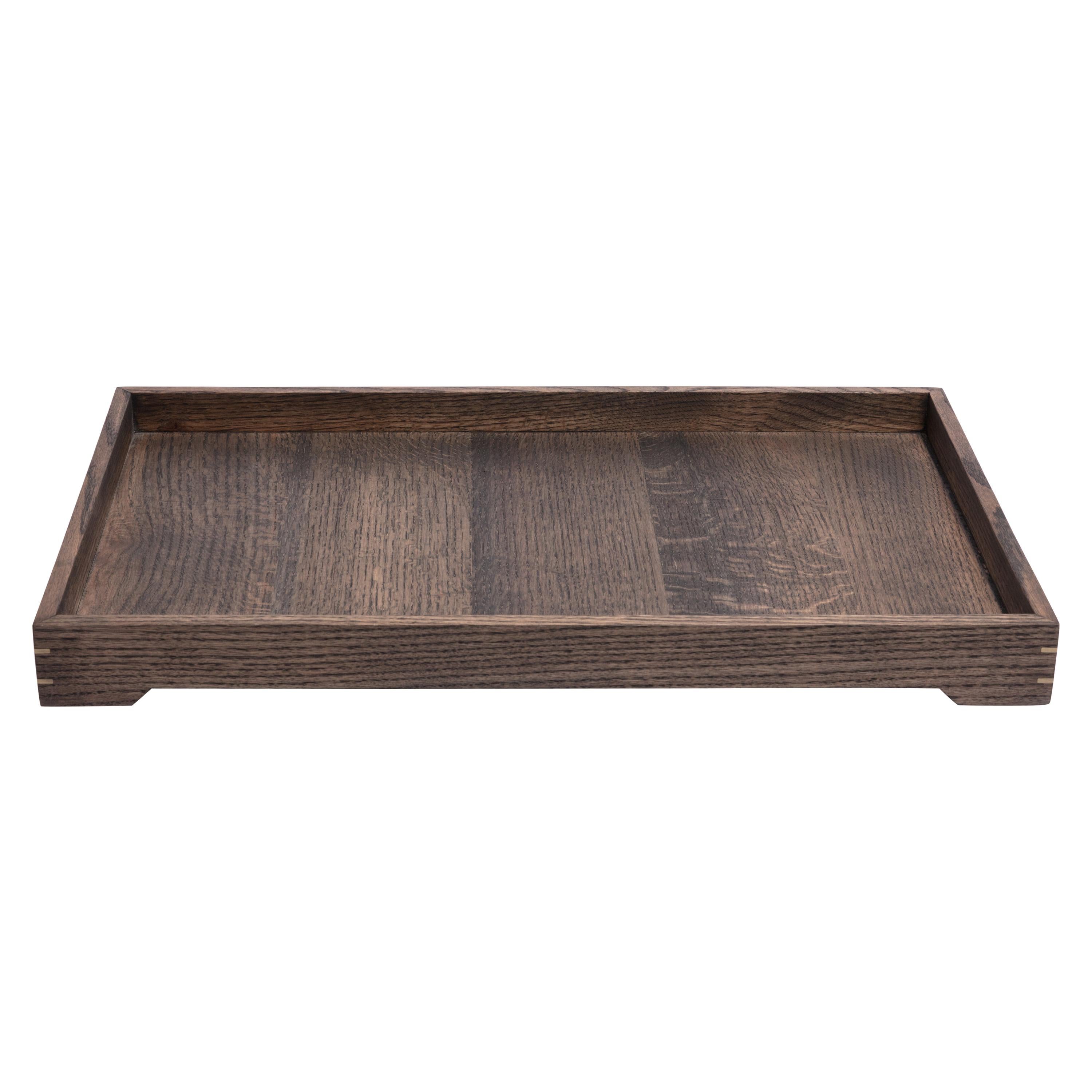Solid Ebonized Oak Wood and Brass Tray for Barware or Ottoman Display or Jewelry