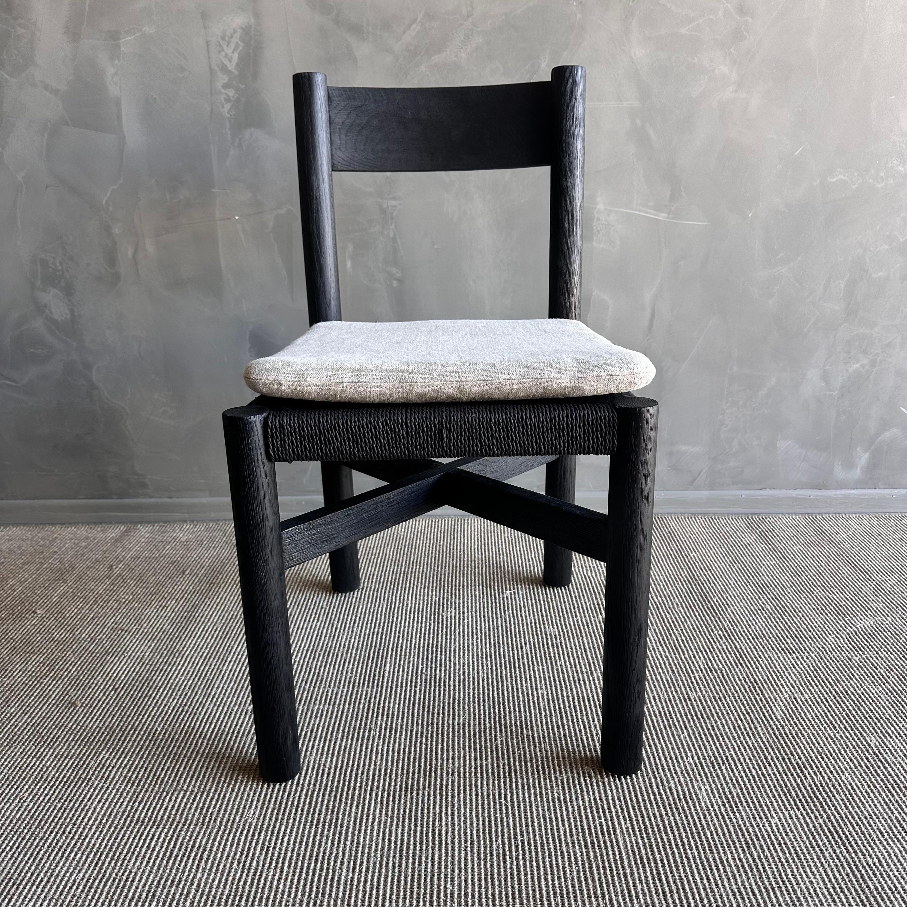 Solid Ebonzied White Oak Dining Chair with Woven Seat and Linen Cushion In New Condition For Sale In Old Town Orange, CA
