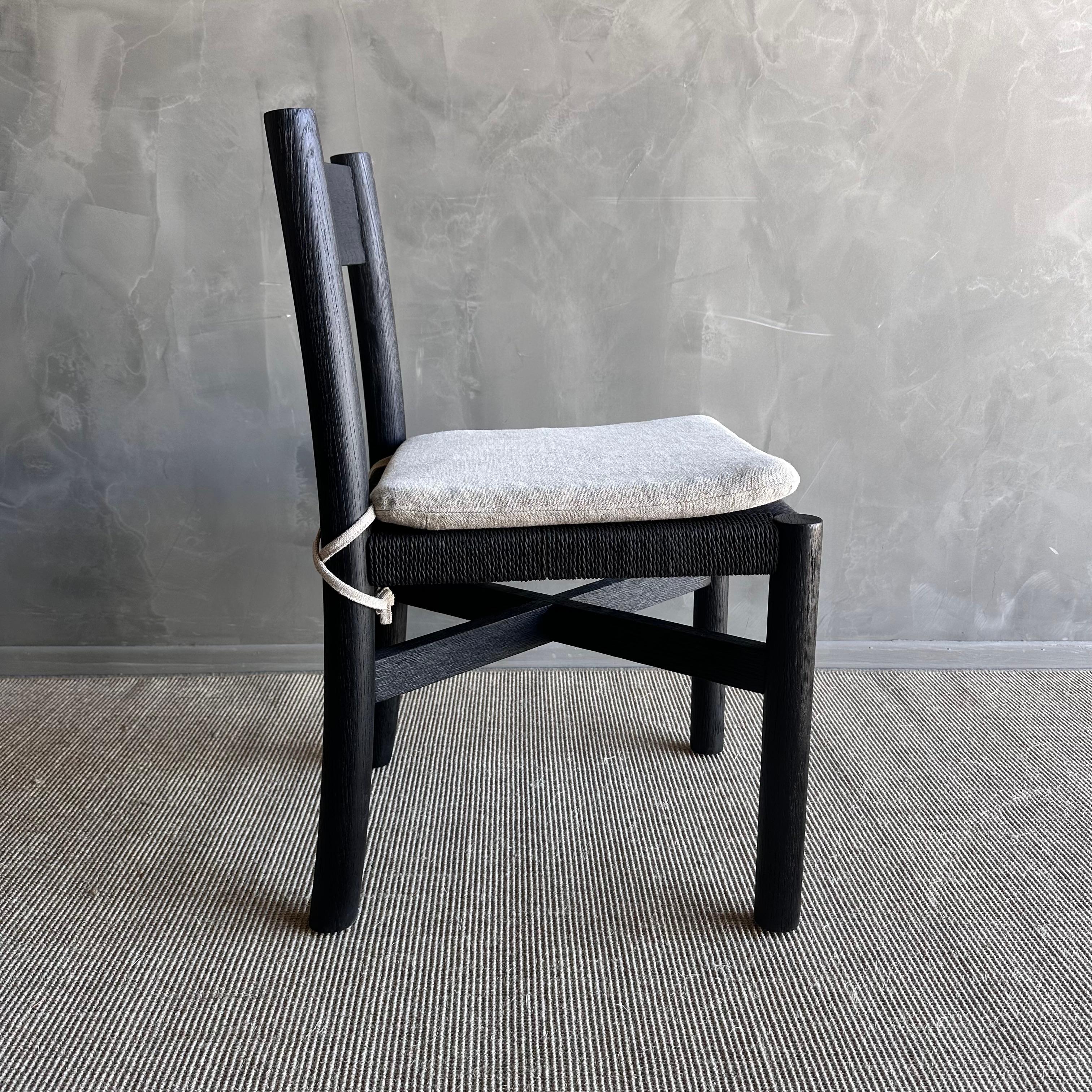 Solid Ebonzied White Oak Dining Chair with Woven Seat and Linen Cushion For Sale 1