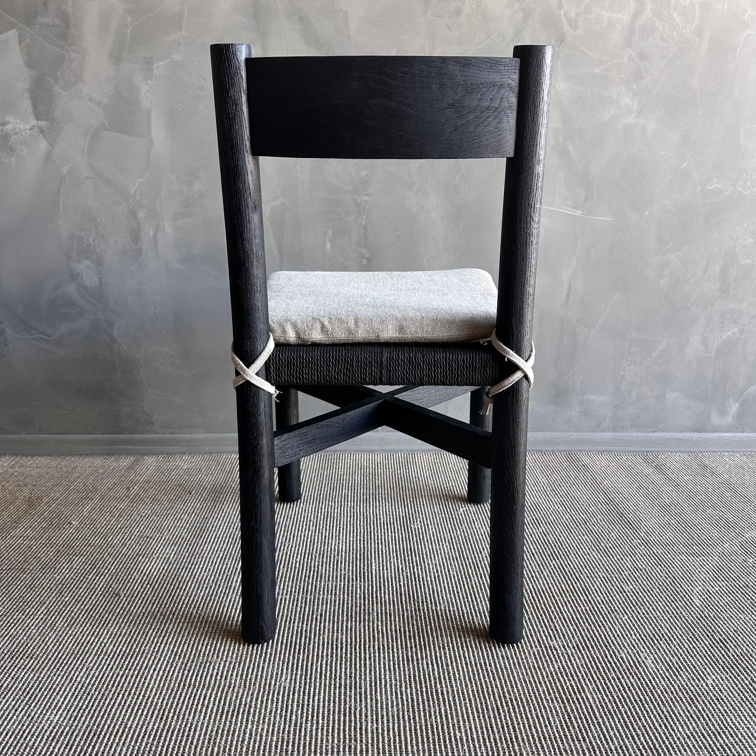 Solid Ebonzied White Oak Dining Chair with Woven Seat and Linen Cushion For Sale 2