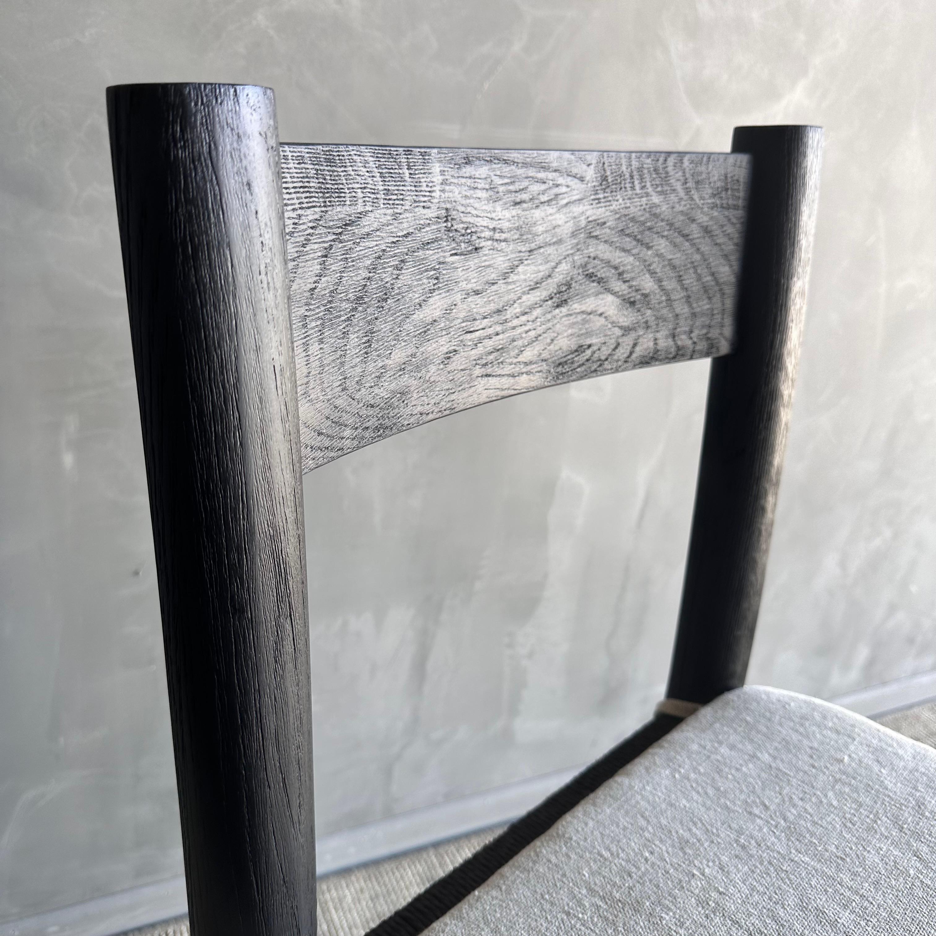 Solid Ebonzied White Oak Dining Chair with Woven Seat and Linen Cushion For Sale 3