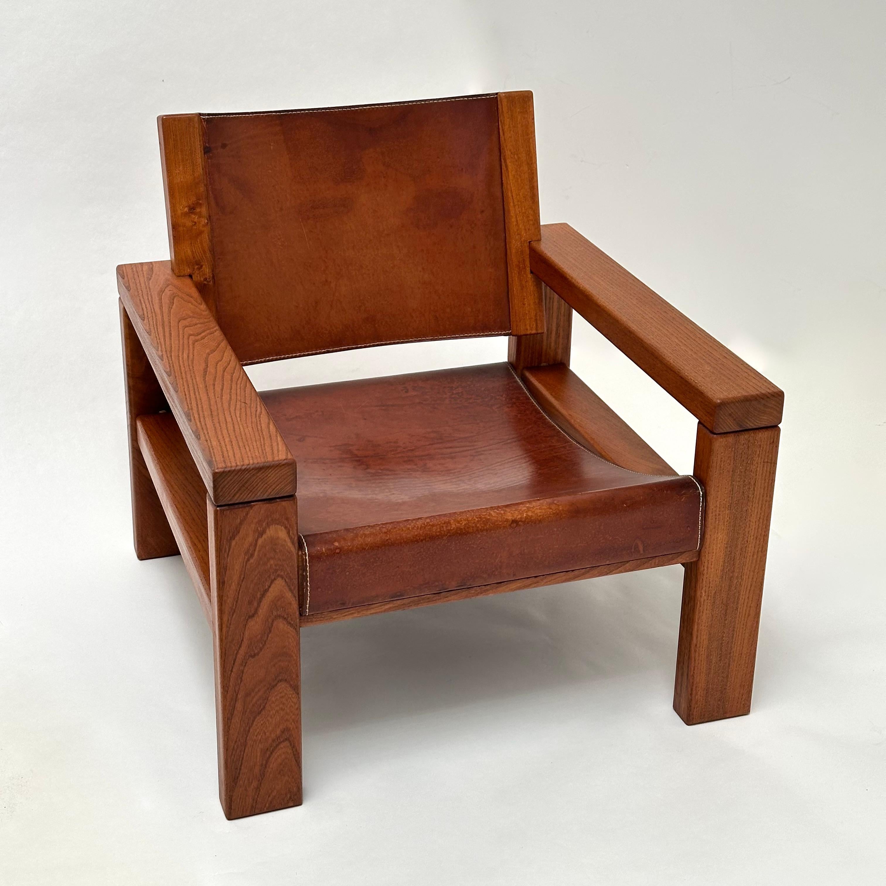 Sessel aus massivem Ulmenholz und Leder, Michel Milleret, Paris 1979 im Angebot 5