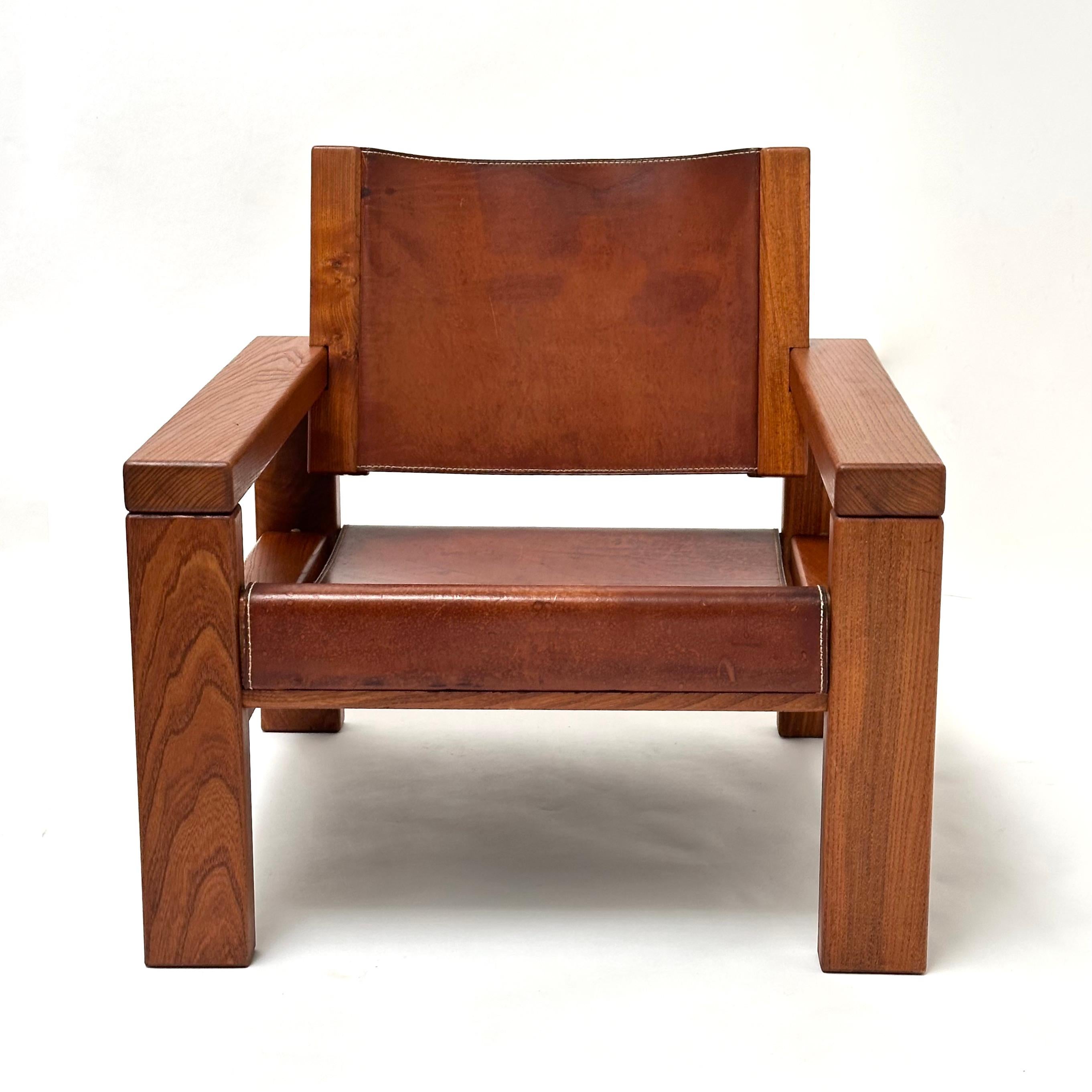 Sessel aus massivem Ulmenholz und Leder, Michel Milleret, Paris 1979 (Minimalistisch) im Angebot