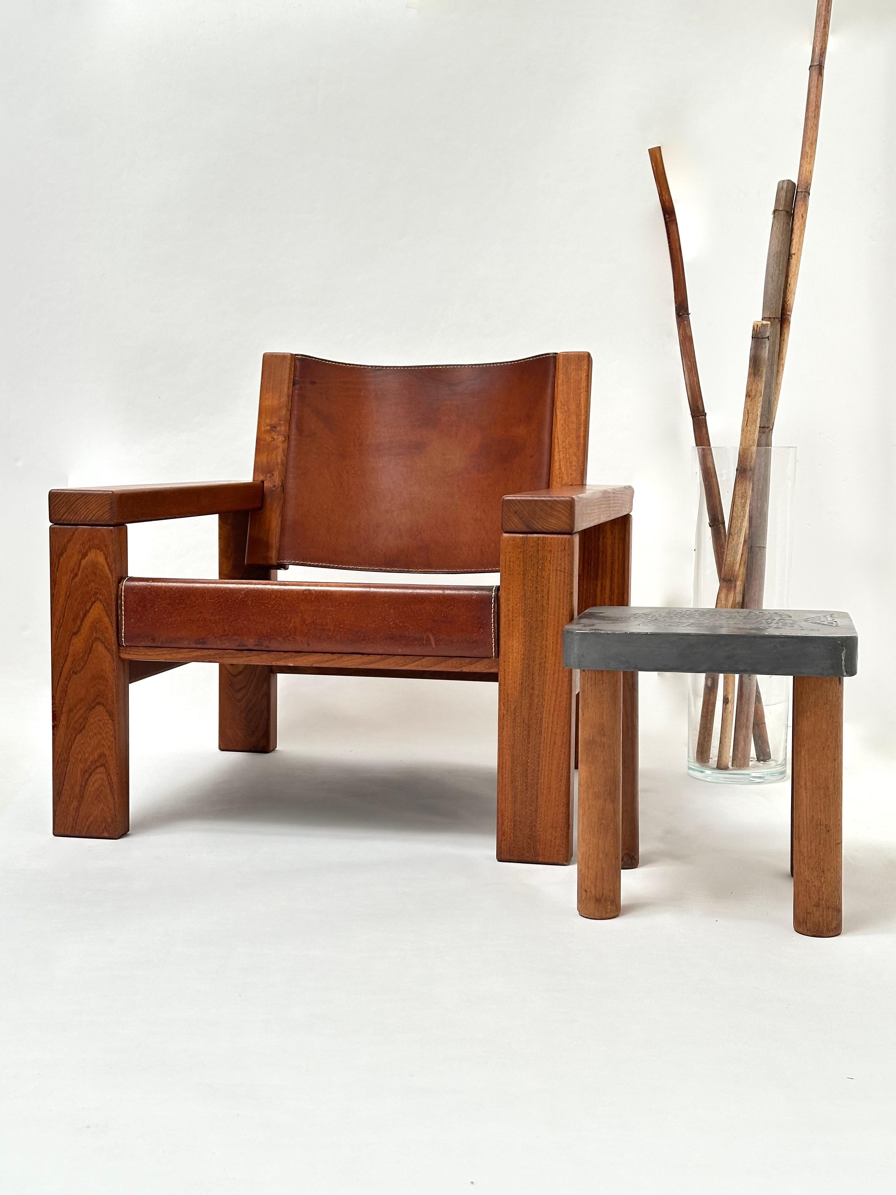 Sessel aus massivem Ulmenholz und Leder, Michel Milleret, Paris 1979 im Zustand „Gut“ im Angebot in St Ouen, FR