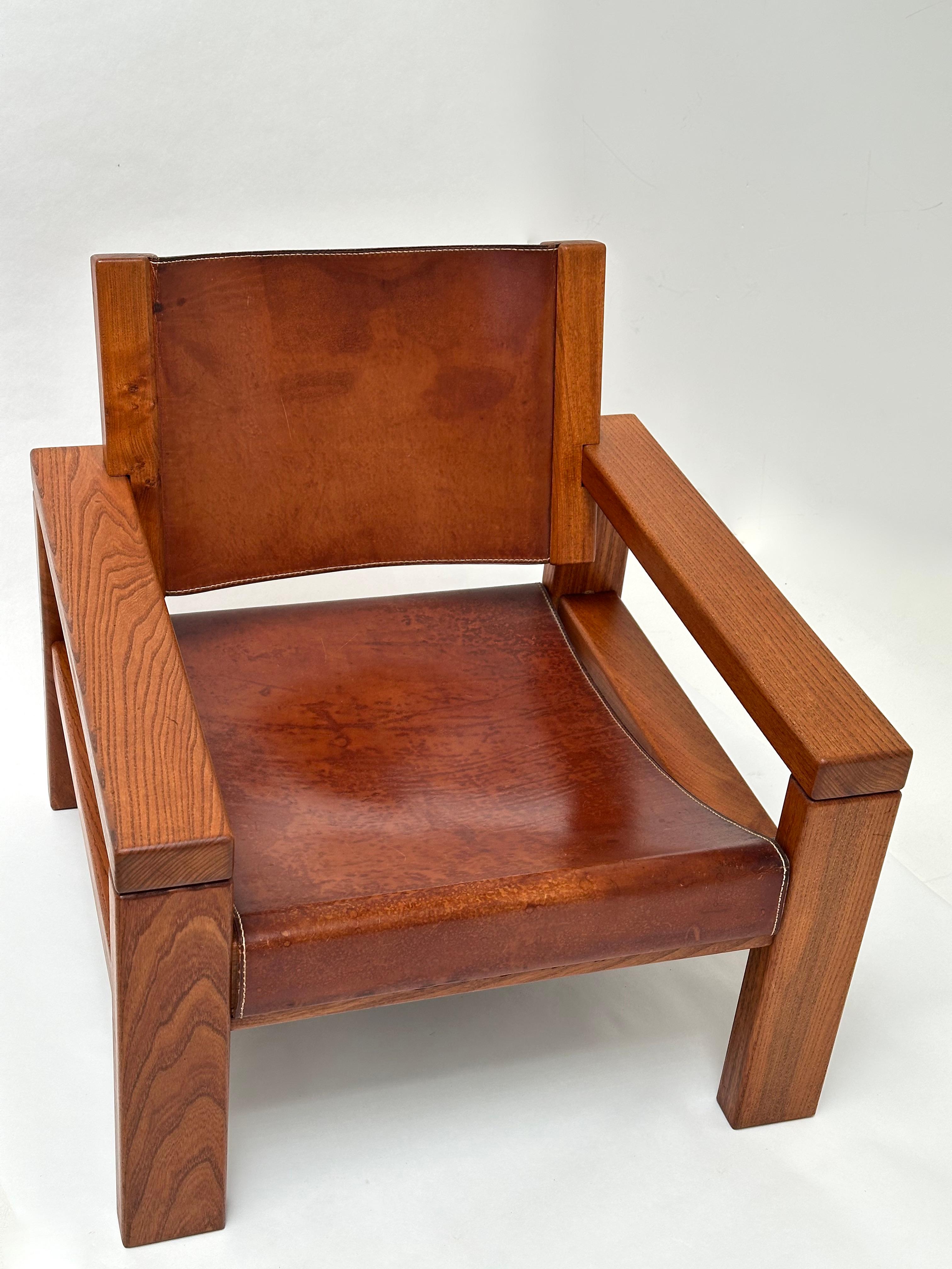 Sessel aus massivem Ulmenholz und Leder, Michel Milleret, Paris 1979 im Angebot 1