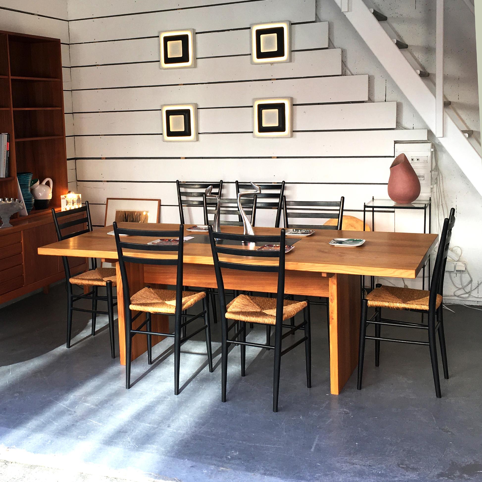 Solid elm dining room table 
Black stone insert in the center
Great original condition, beautiful vintage patina.
In the style of Pierre Chapo.