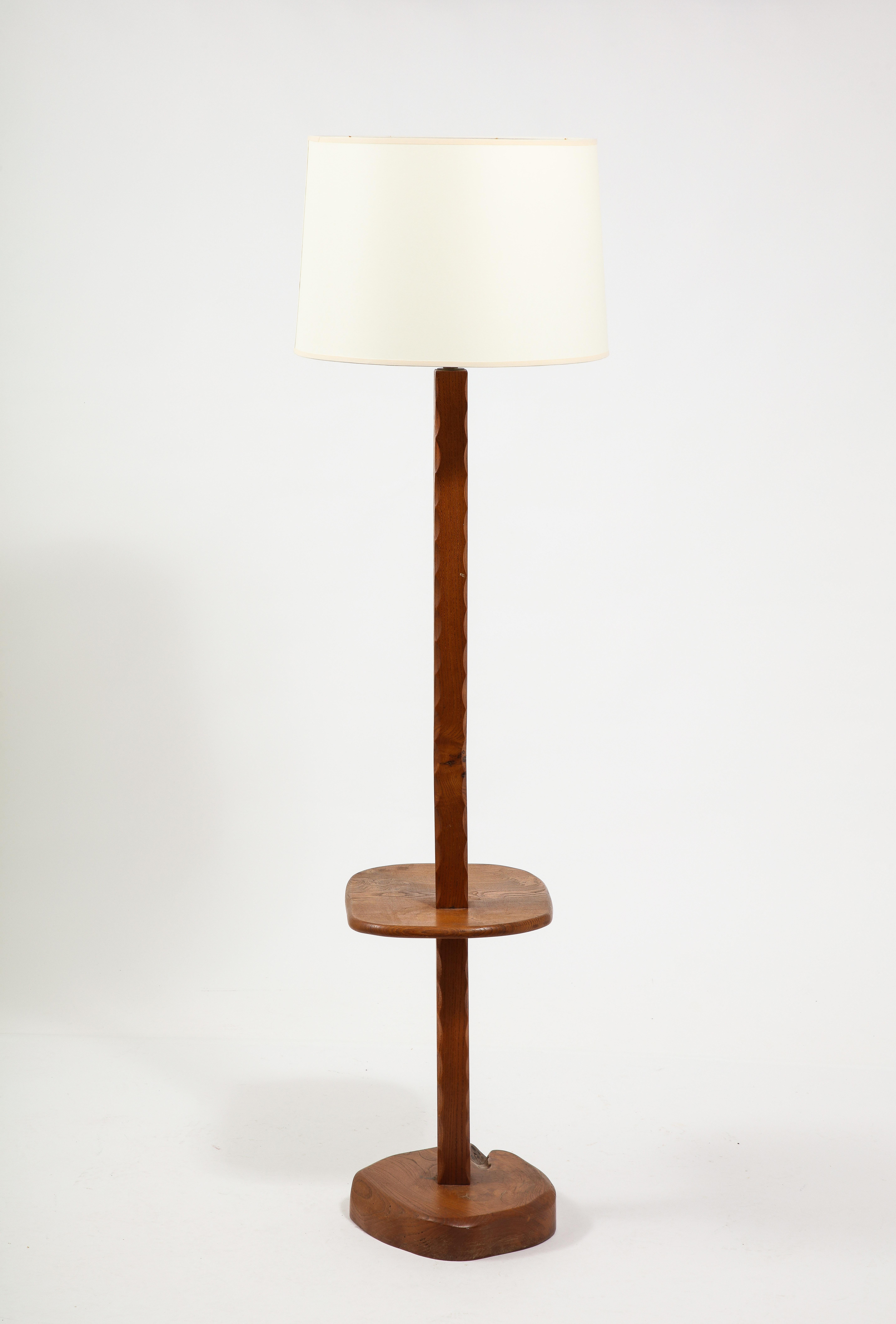Solid Elm Floor Lamp With Shelf, France 1950's For Sale 4
