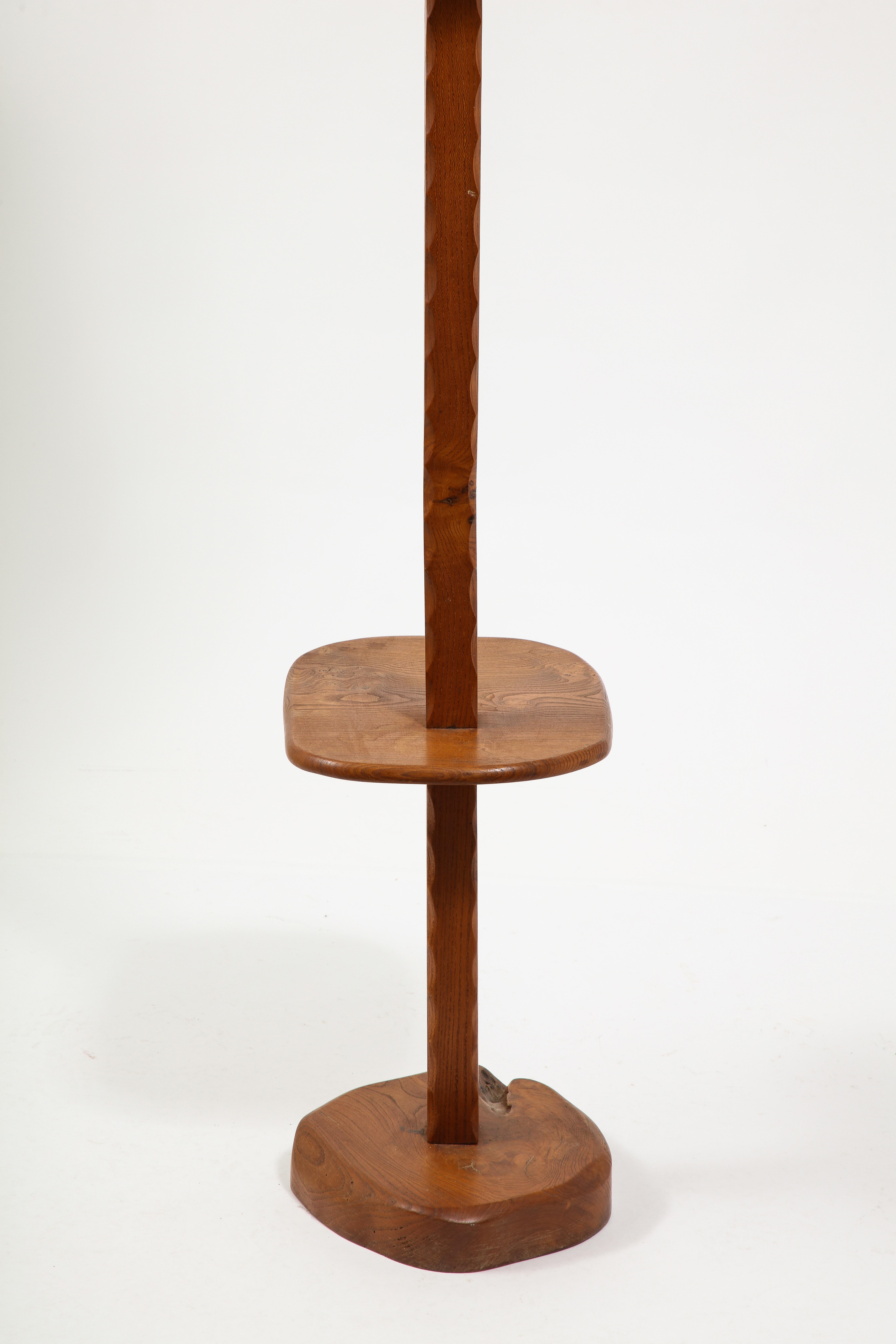 Solid Elm Floor Lamp With Shelf, France 1950's For Sale 5