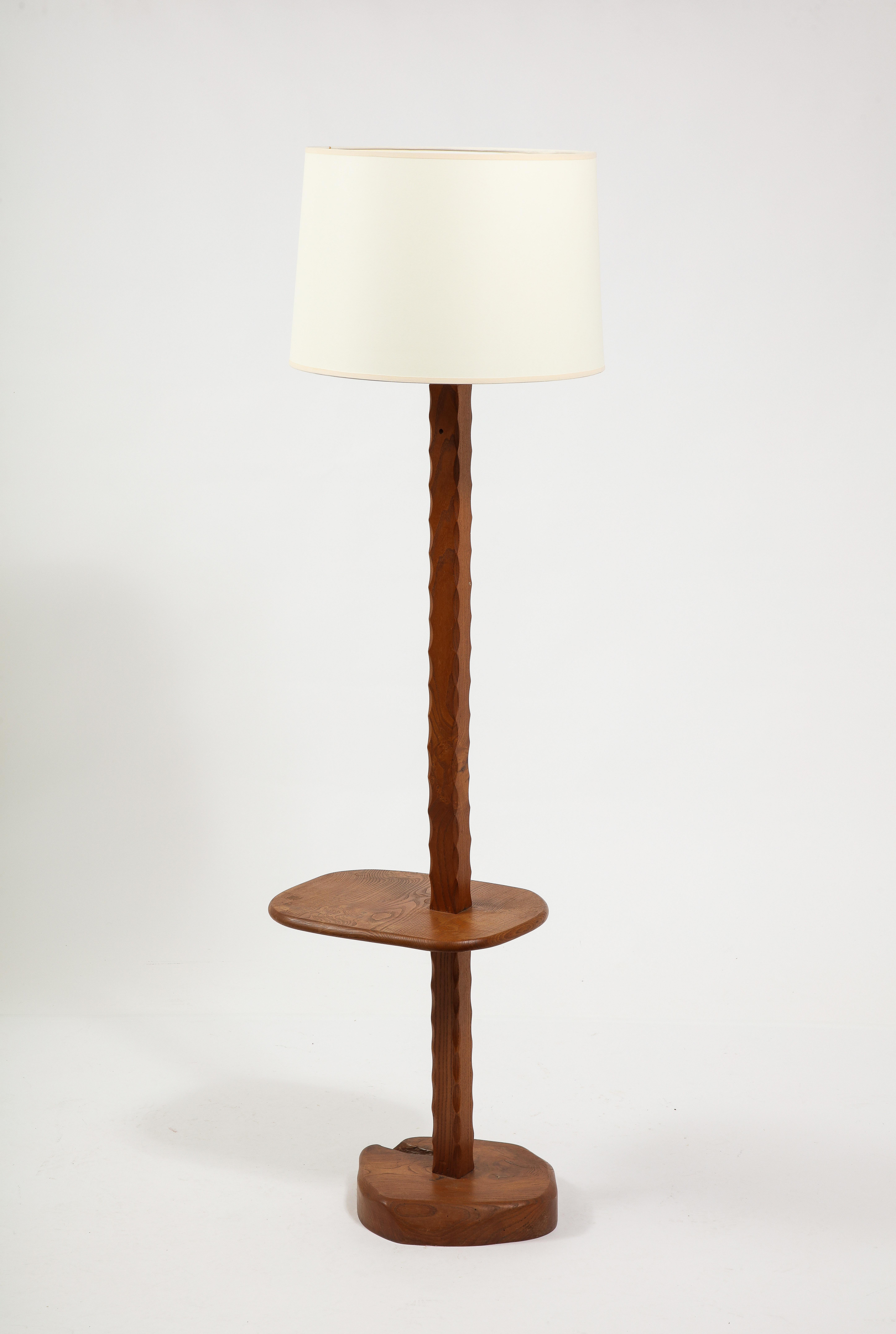 Solid Elm Floor Lamp With Shelf, France 1950's For Sale 6