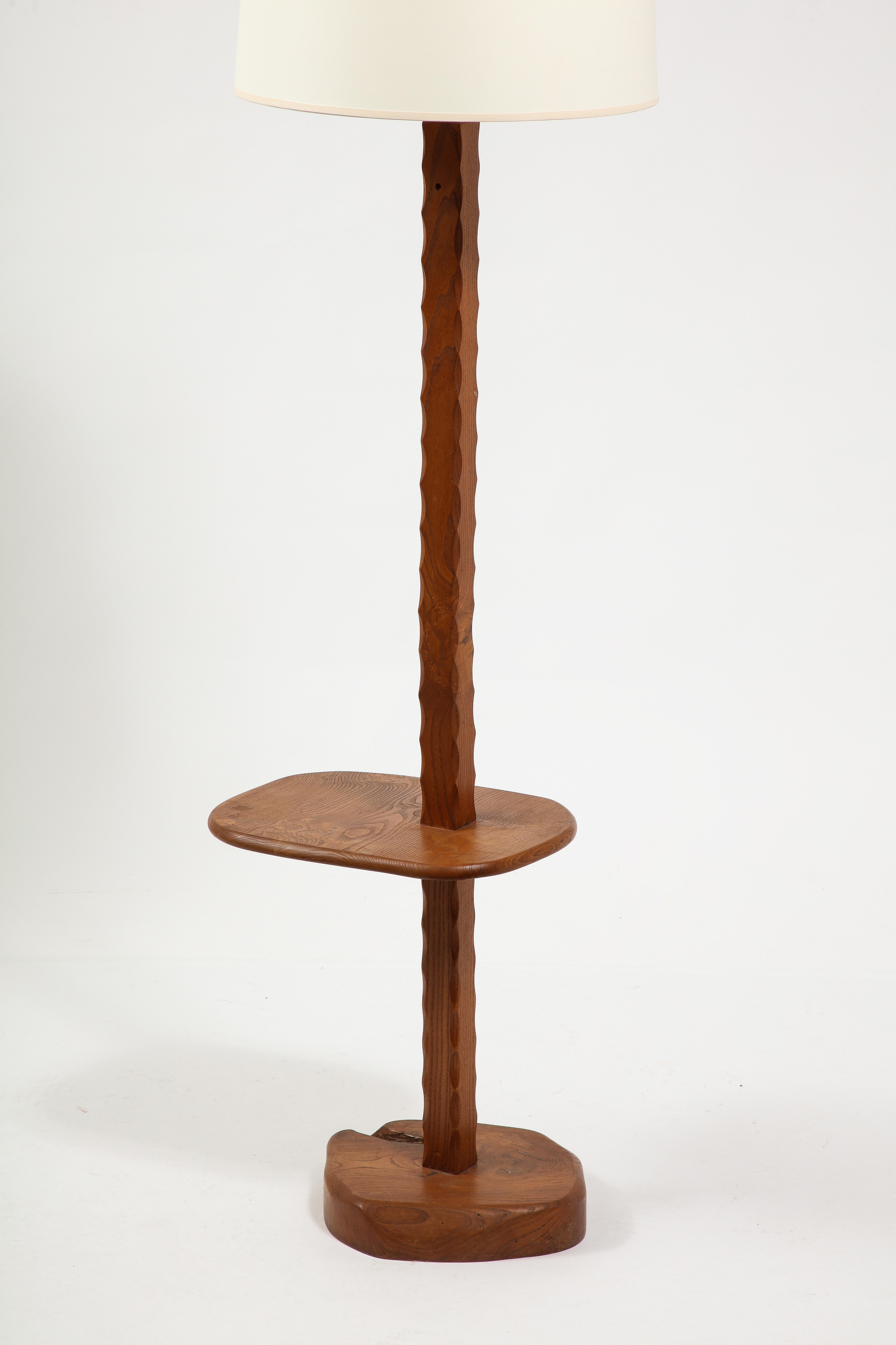 Solid Elm Floor Lamp With Shelf, France 1950's For Sale 7