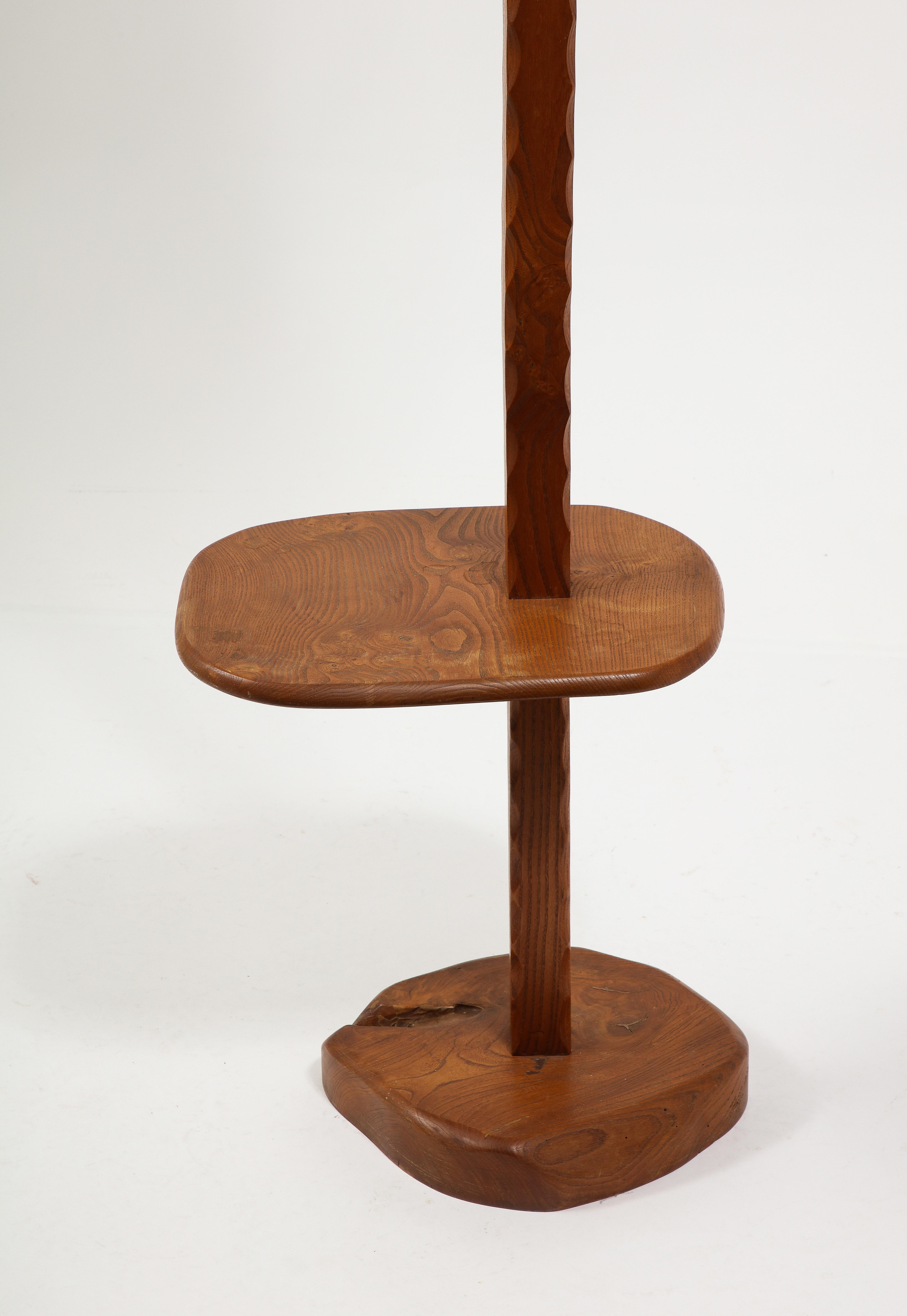 Solid Elm Floor Lamp With Shelf, France 1950's For Sale 9