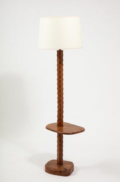 Solid Elm Floor Lamp With Shelf, France 1950's