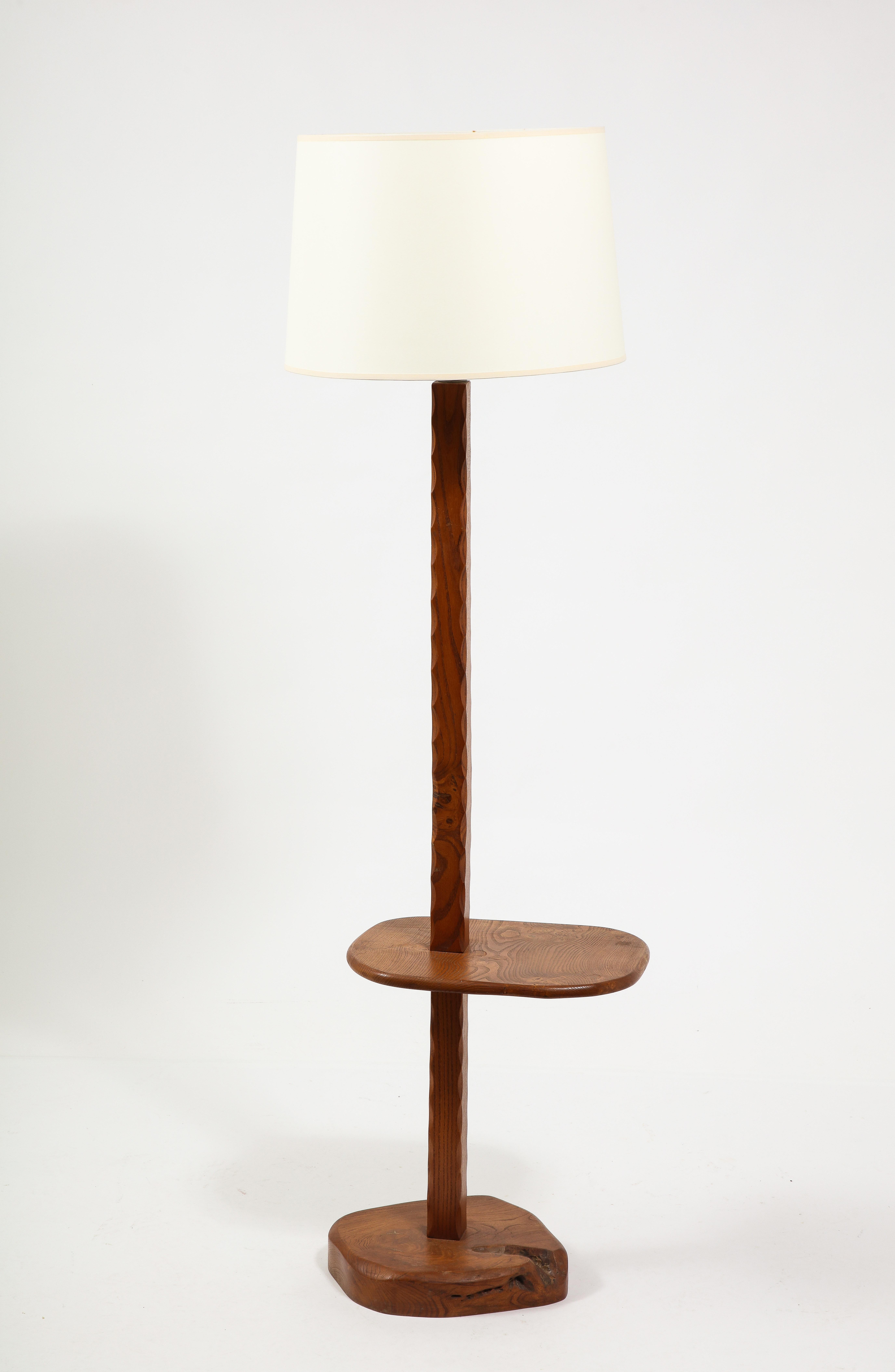 20th Century Solid Elm Floor Lamp With Shelf, France 1950's For Sale