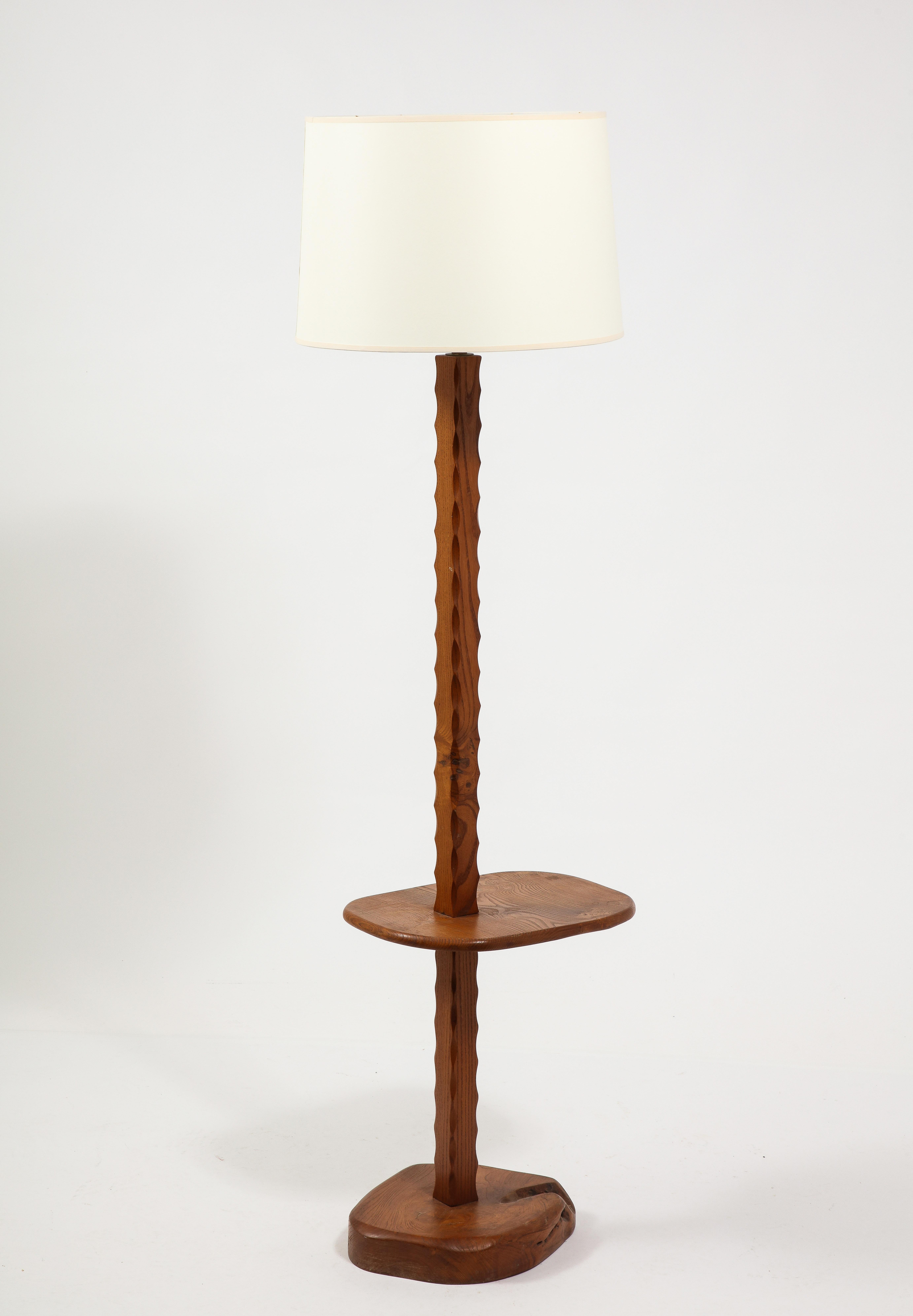 Solid Elm Floor Lamp With Shelf, France 1950's For Sale 2
