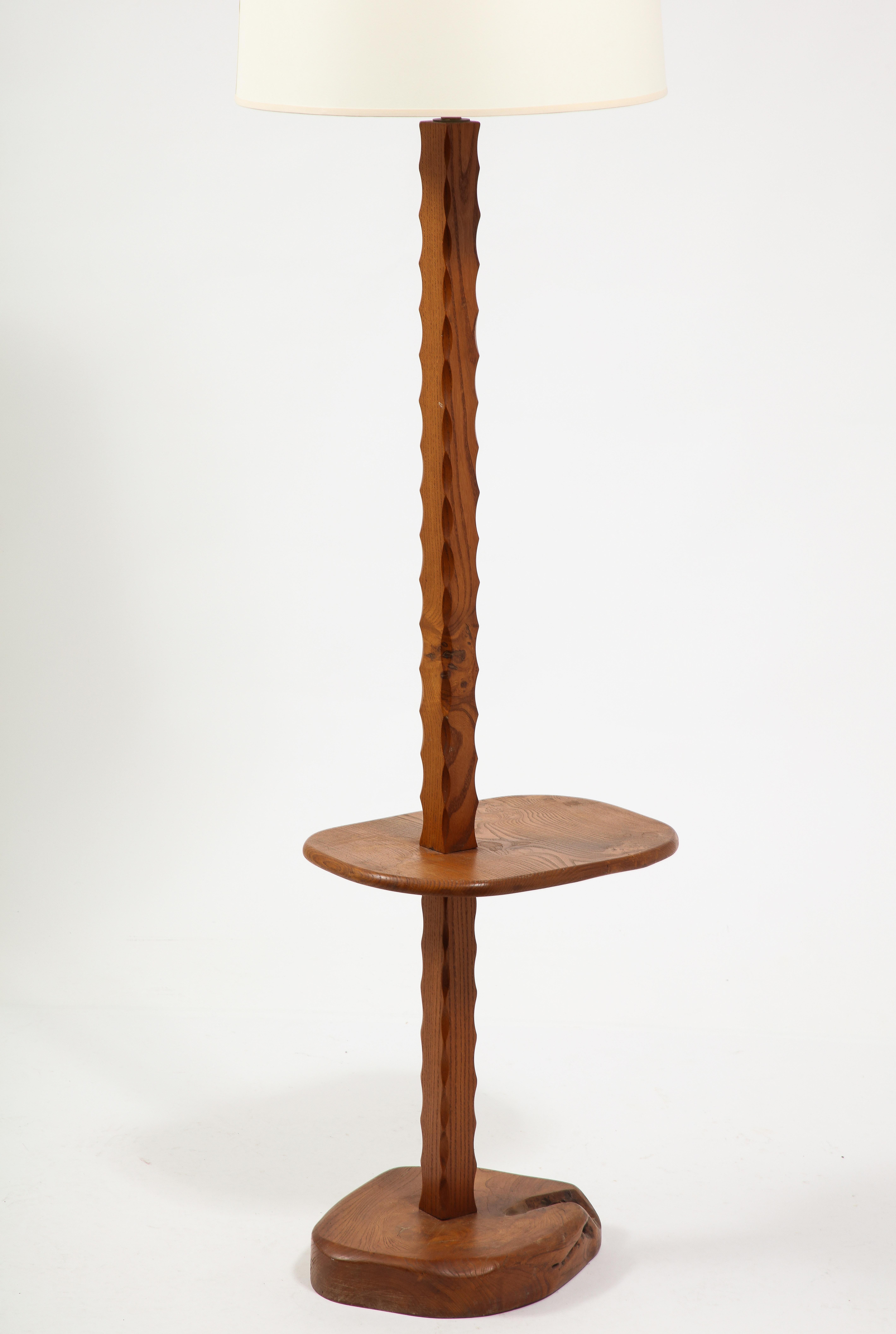 Solid Elm Floor Lamp With Shelf, France 1950's For Sale 3