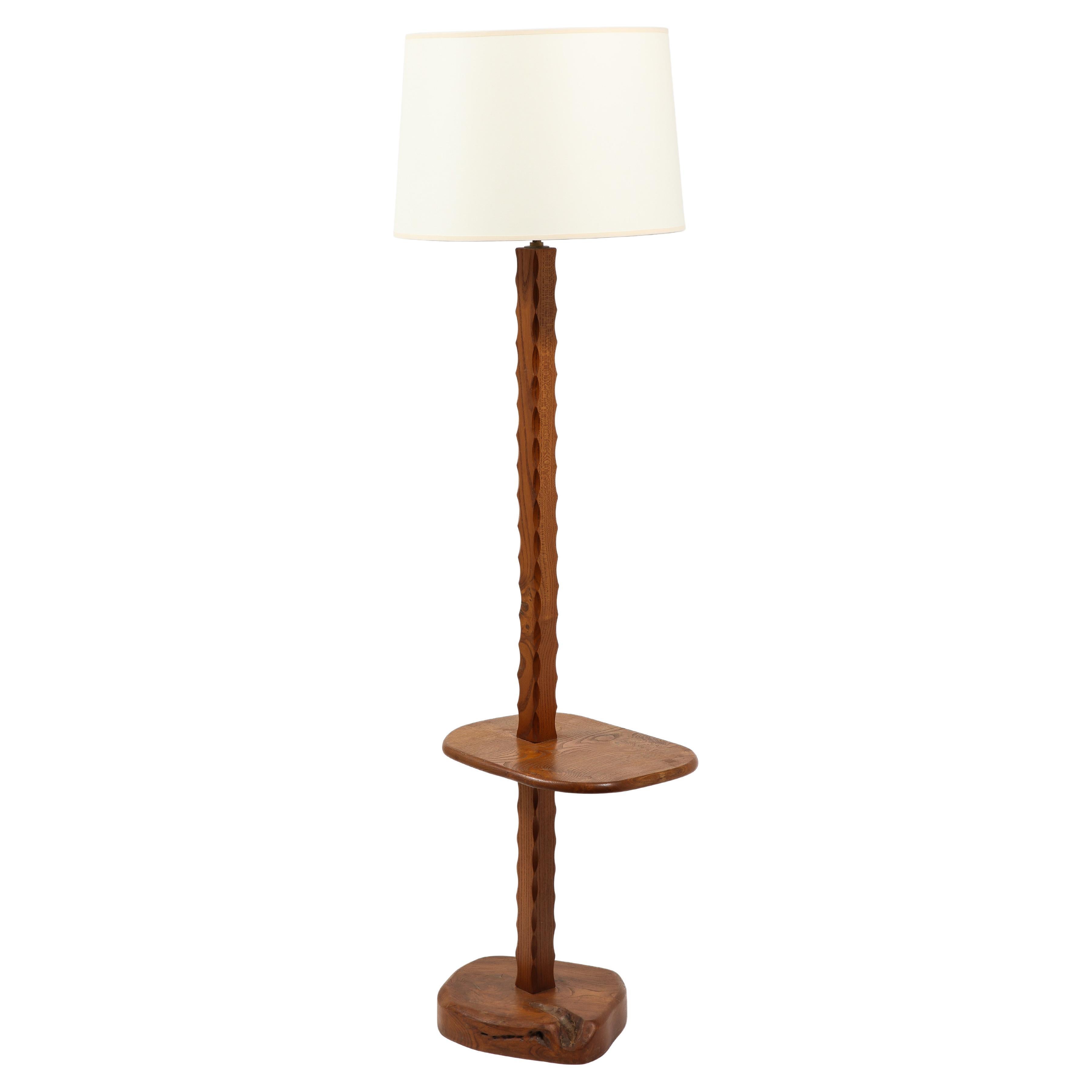 Solid Elm Floor Lamp With Shelf, France 1950's For Sale