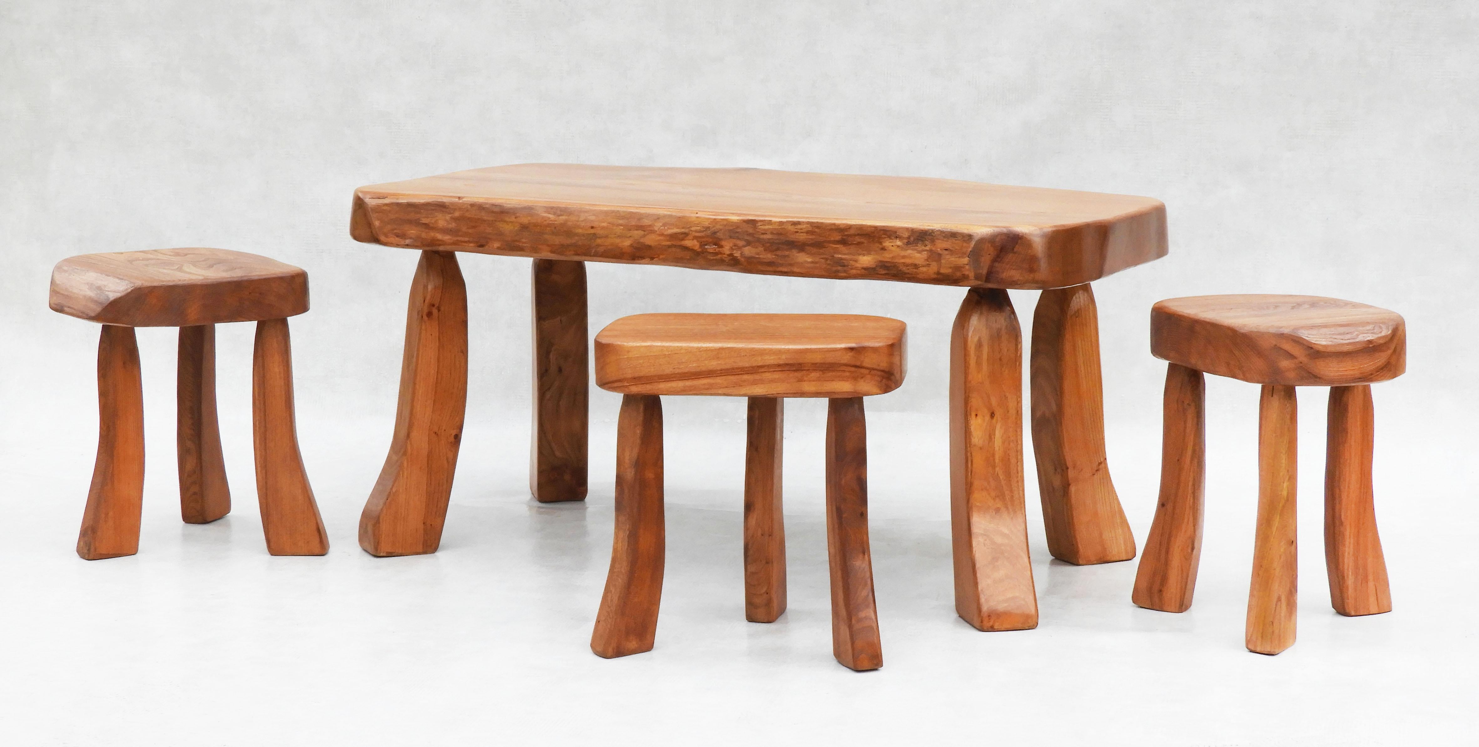 Hand-Crafted Solid Elm Live Edge Living Room Set Table & 3 Side Tables/Stools C1970 France For Sale