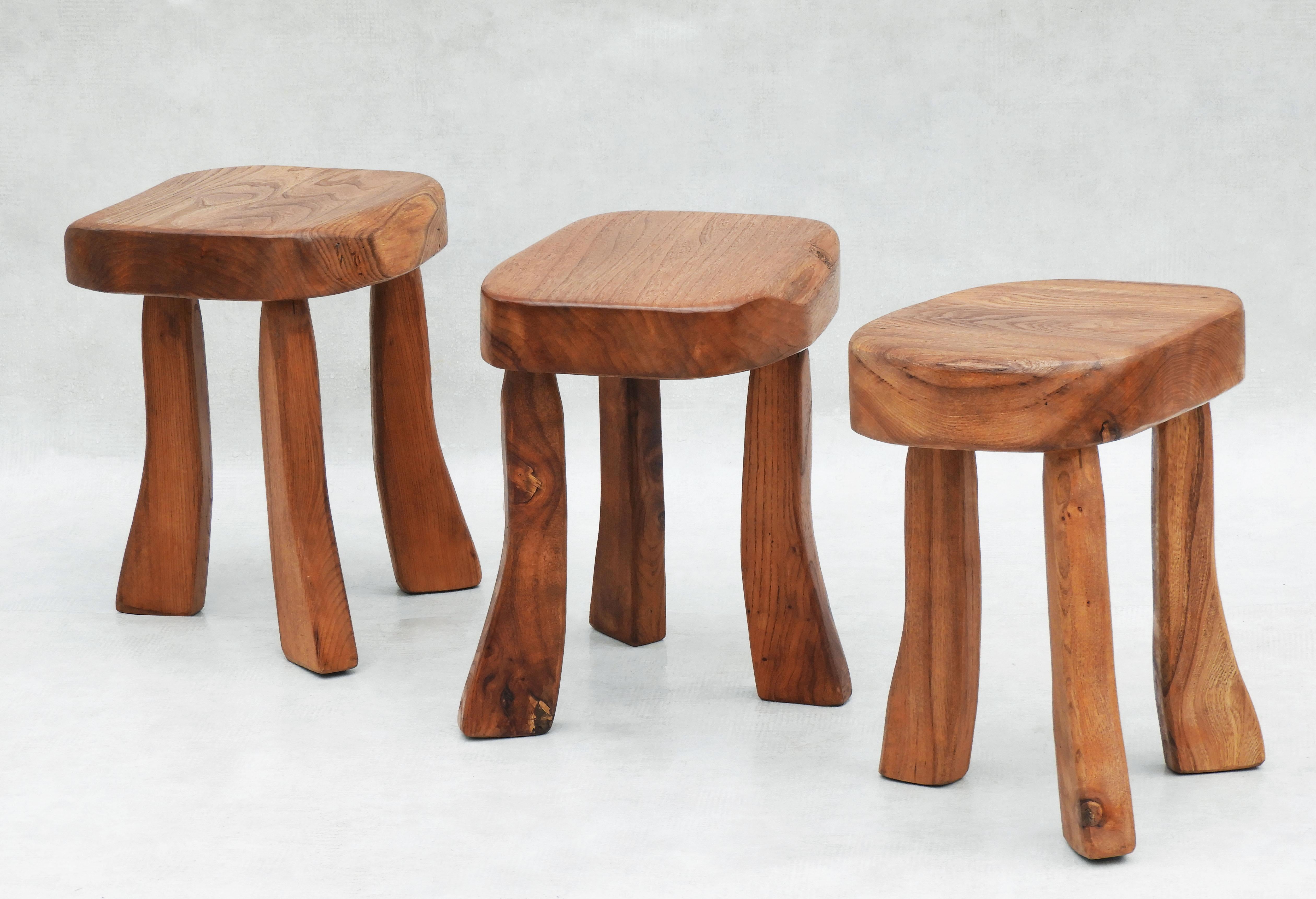 Solid Elm Live Edge Living Room Set Table & 3 Side Tables/Stools C1970 France For Sale 1
