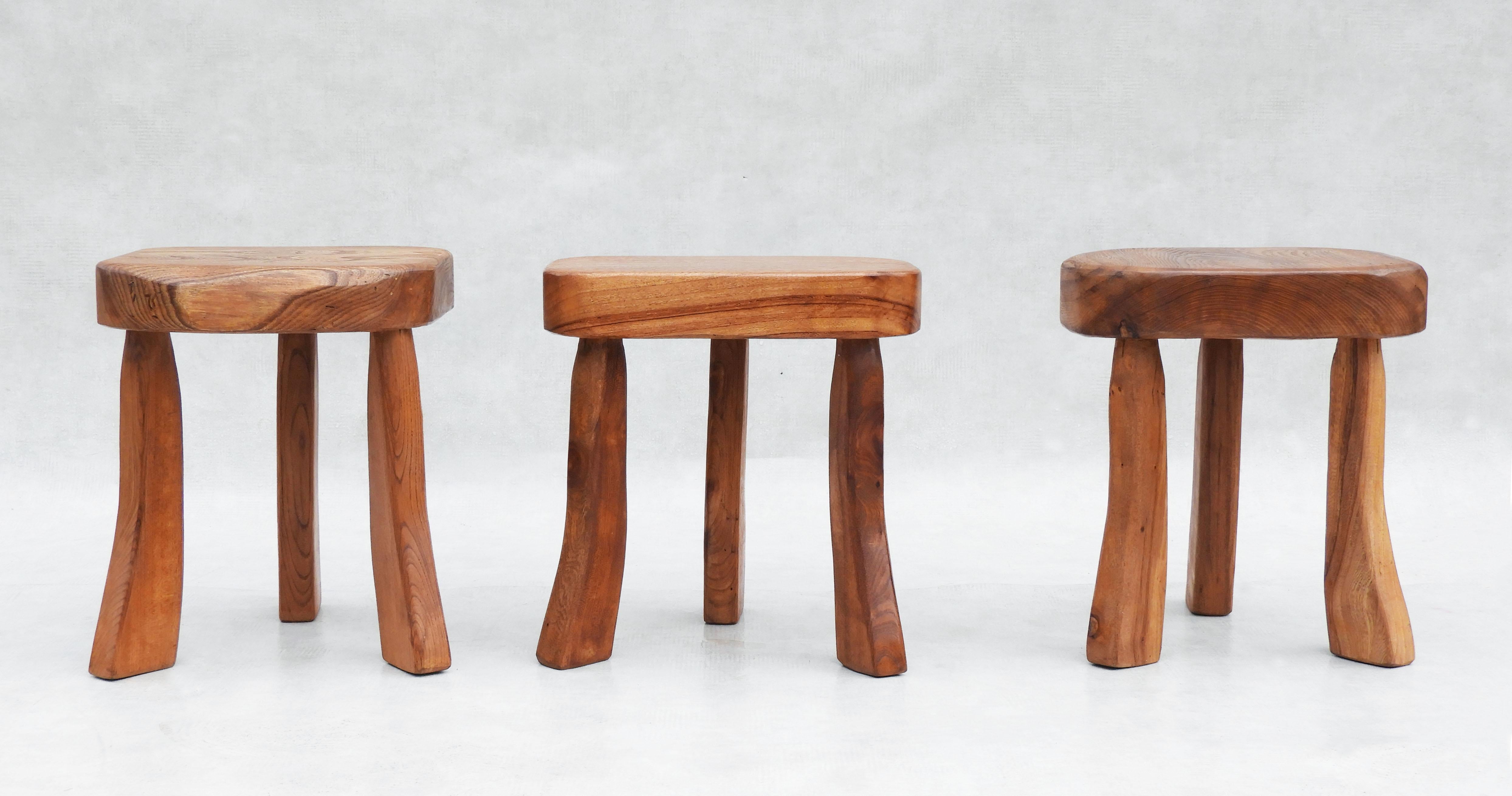 Solid Elm Live Edge Living Room Set Table & 3 Side Tables/Stools C1970 France For Sale 2