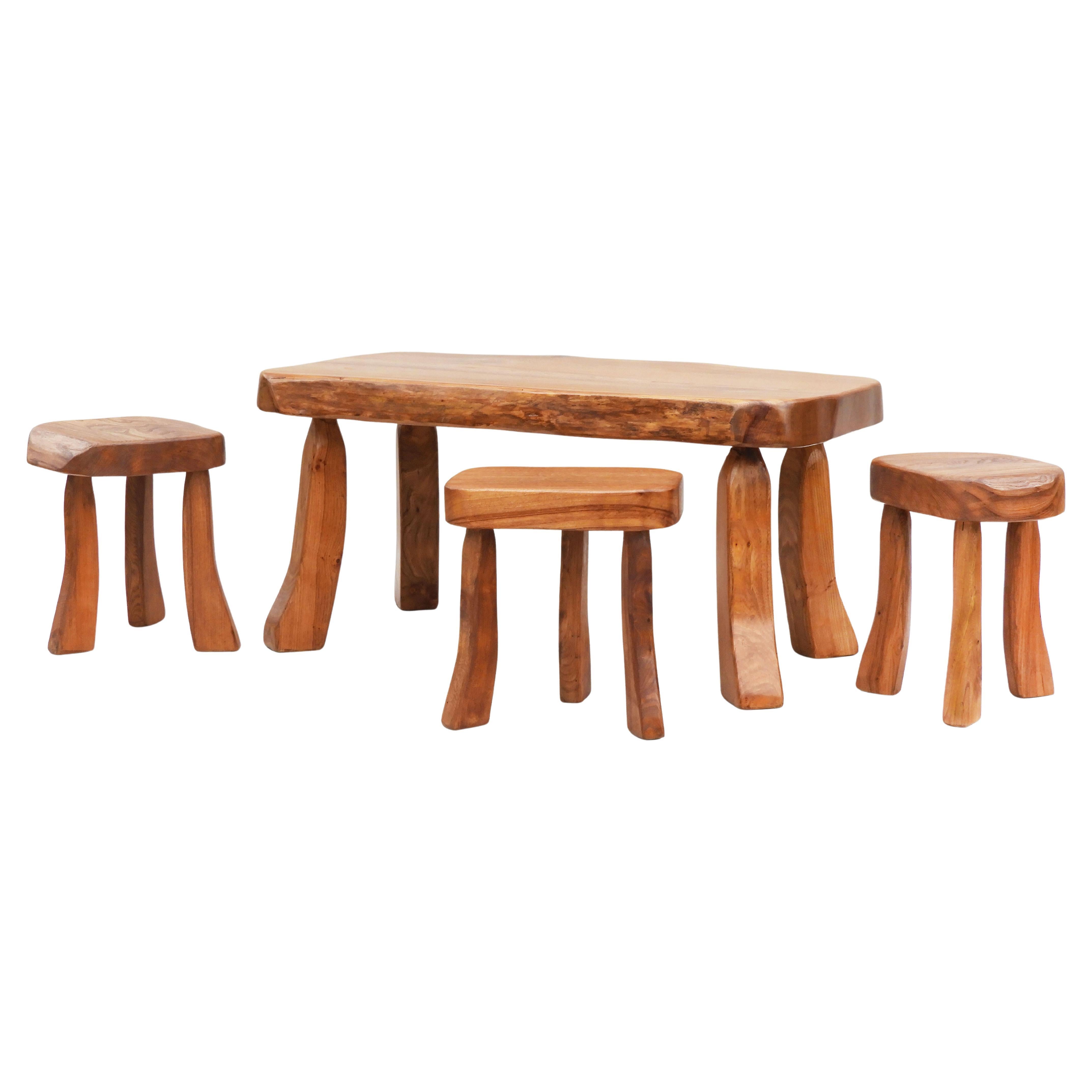 Solid Elm Live Edge Living Room Set Table & 3 Side Tables/Stools C1970 France For Sale