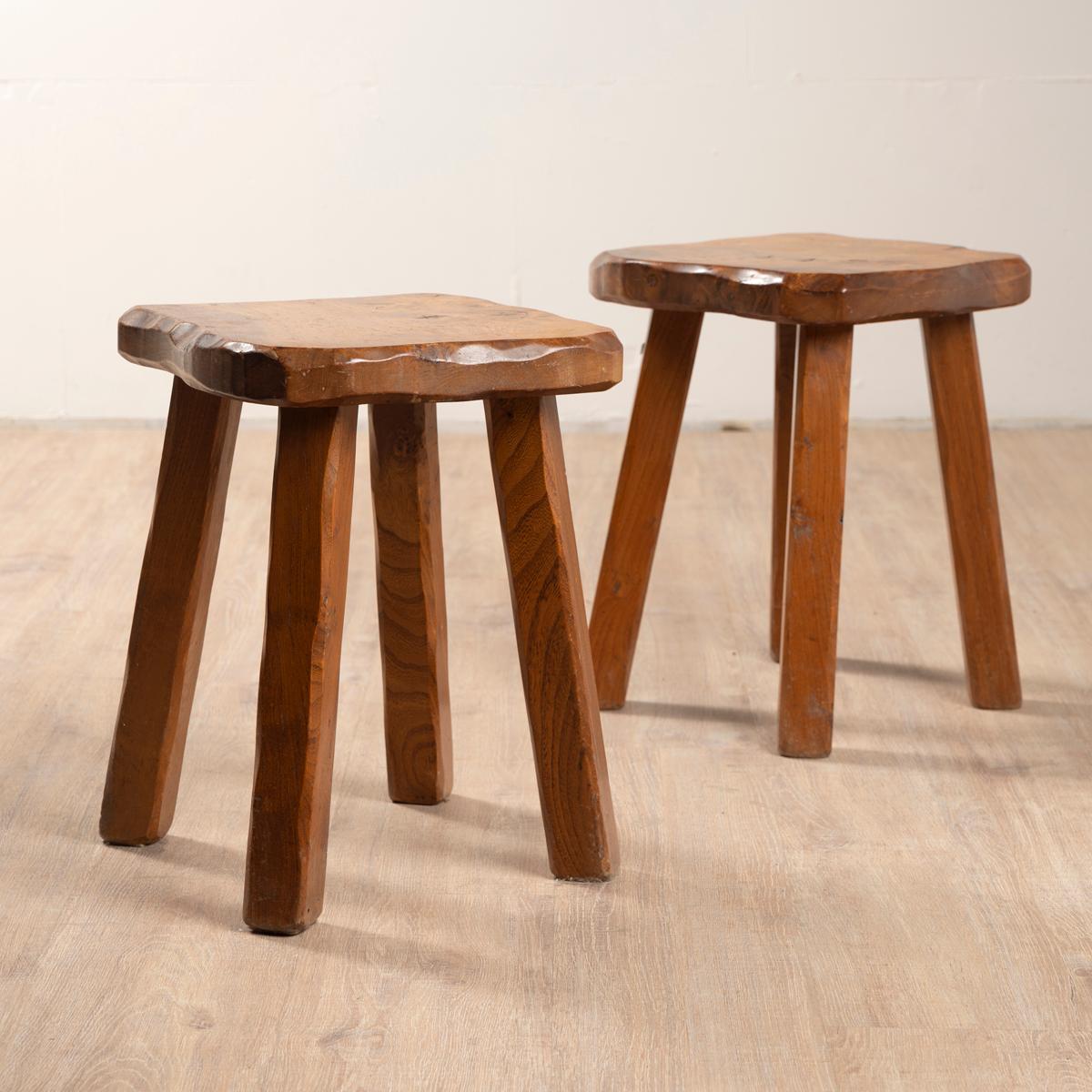 French Solid Elm Stools, 1970s, Set of 2 For Sale