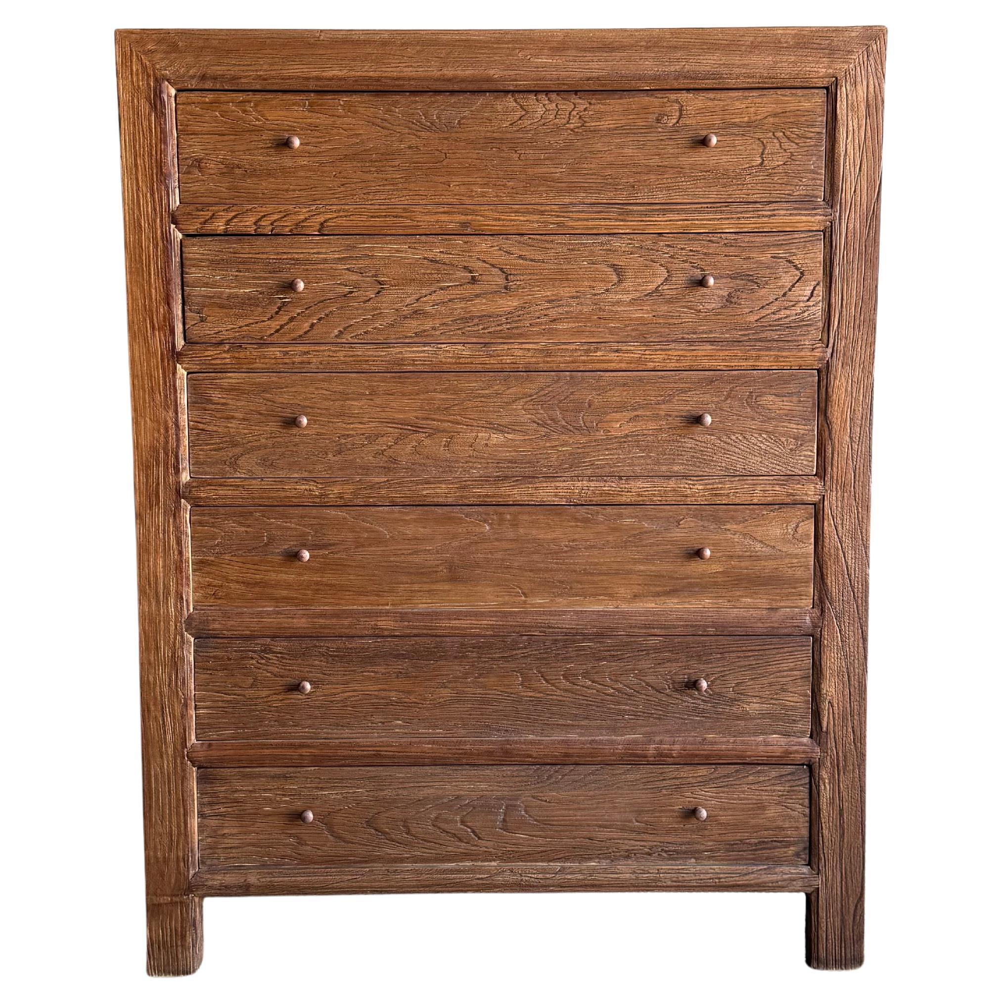 Solid Elm Wood Tall Chest of Drawers in Walnut Finish