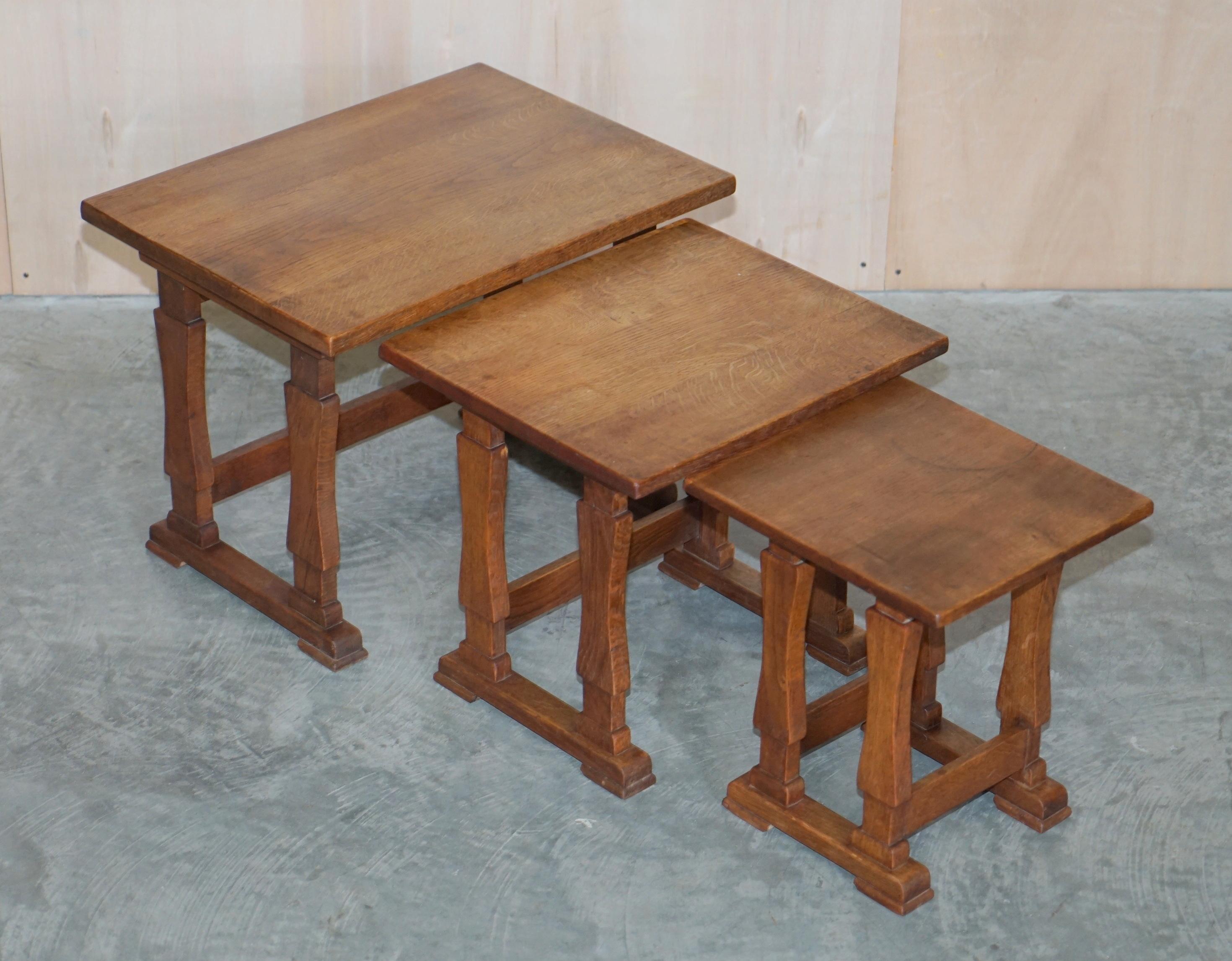 We are delighted to offer for sale this lovely vintage set of three hand made in England nest of tables in solid oak.

A good looking, well made and decorative suite, each table has a lovely patinated top, they stack perfectly away, they are very