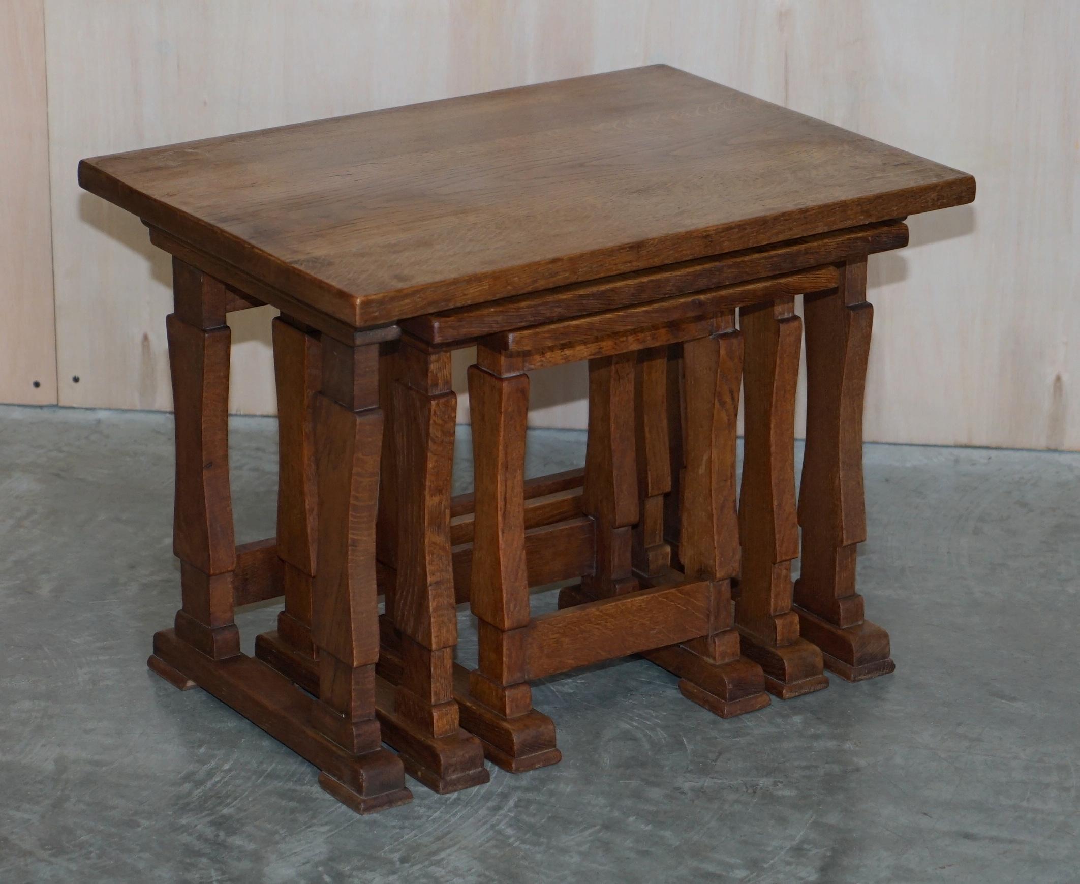 Country Solid English Oak Nest of Three Large Side End Lamp Wine Occasional Tables For Sale