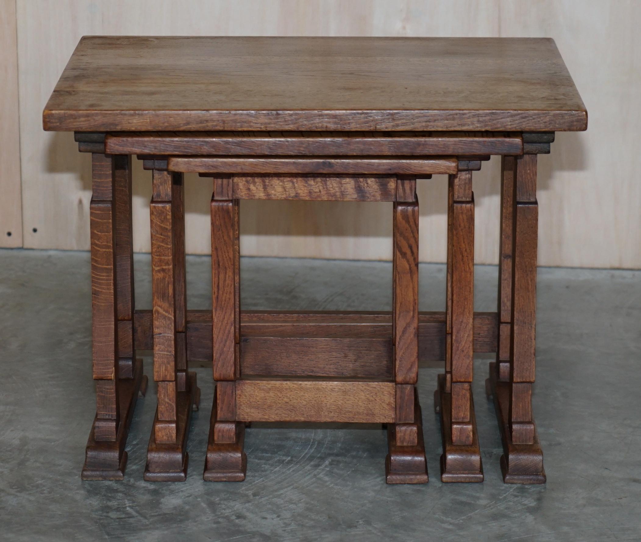 Hand-Crafted Solid English Oak Nest of Three Large Side End Lamp Wine Occasional Tables For Sale
