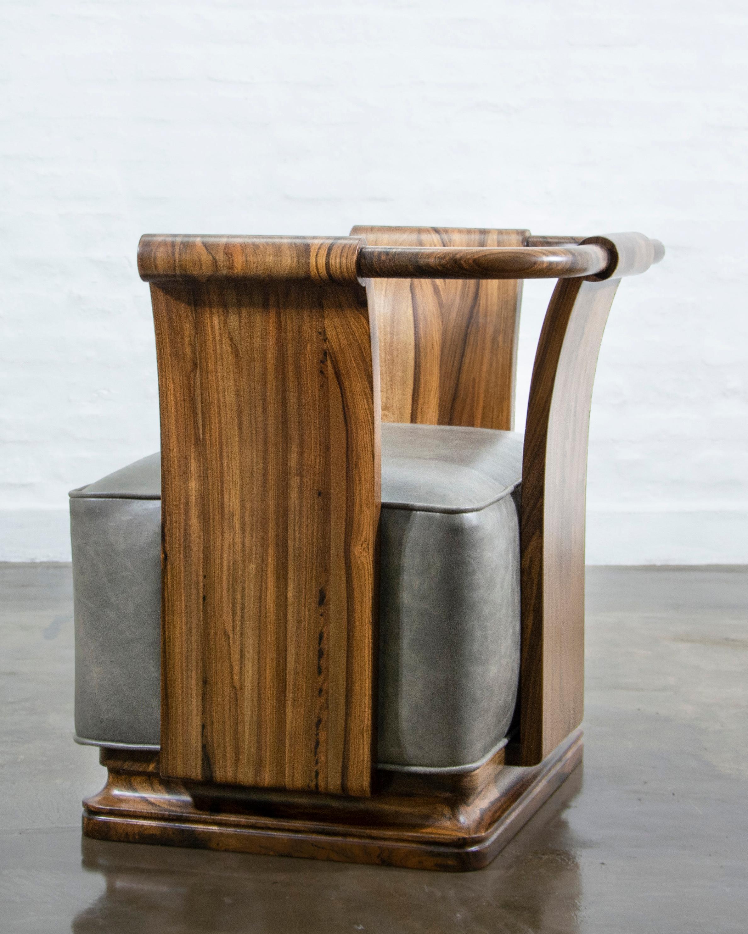 Art Deco Solid Exotic Wood Lounge Chair in Leather by Costantini, Simone 'In Stock' For Sale