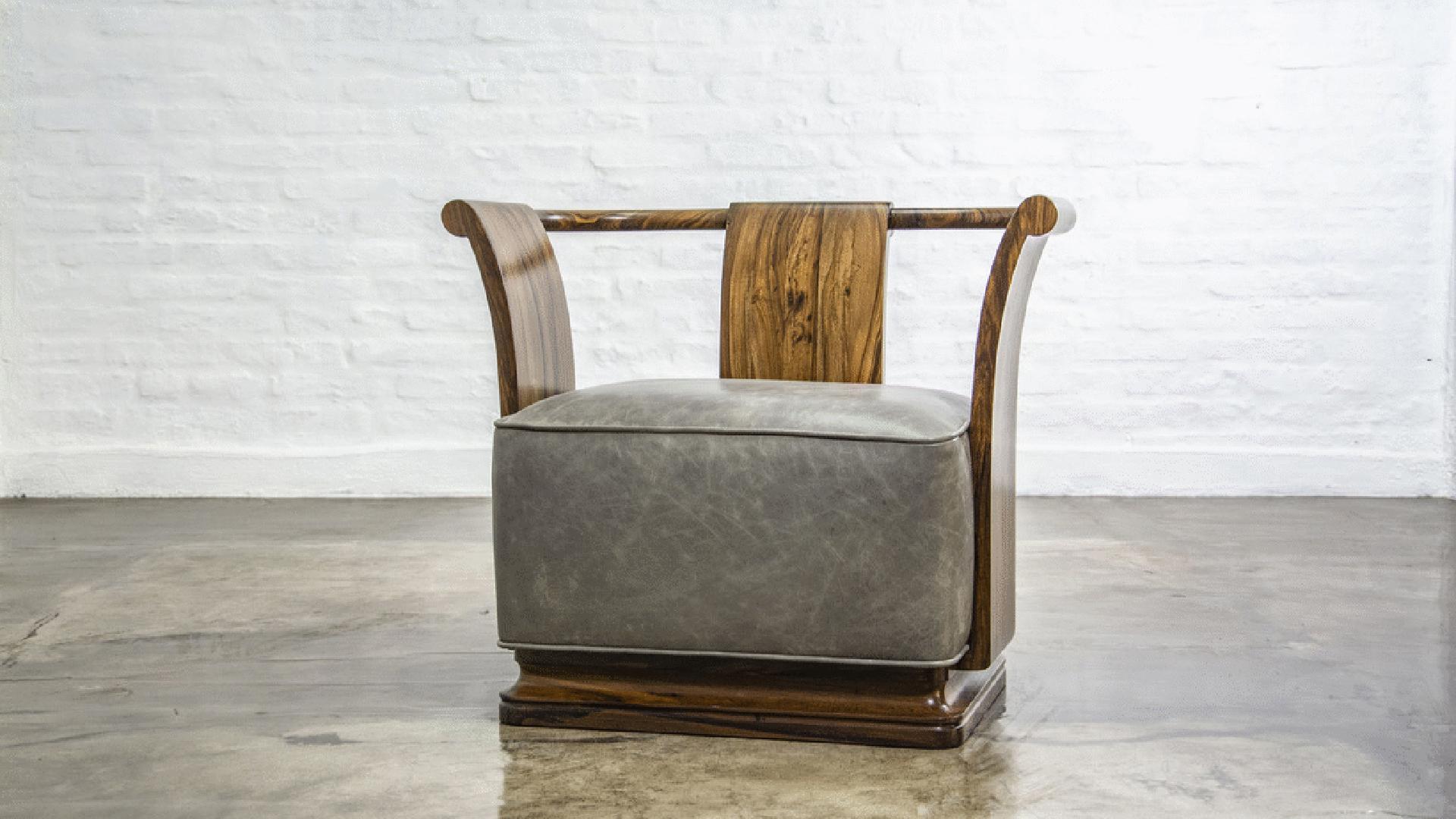 Solid Exotic Wood Lounge Chair in Leather by Costantini, Simone 'In Stock' For Sale 1