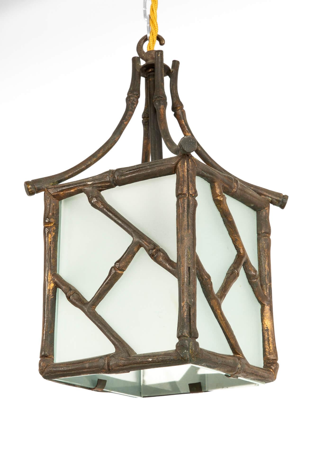 Solid Faux Bamboo Brass Lantern, circa 1930 For Sale 1