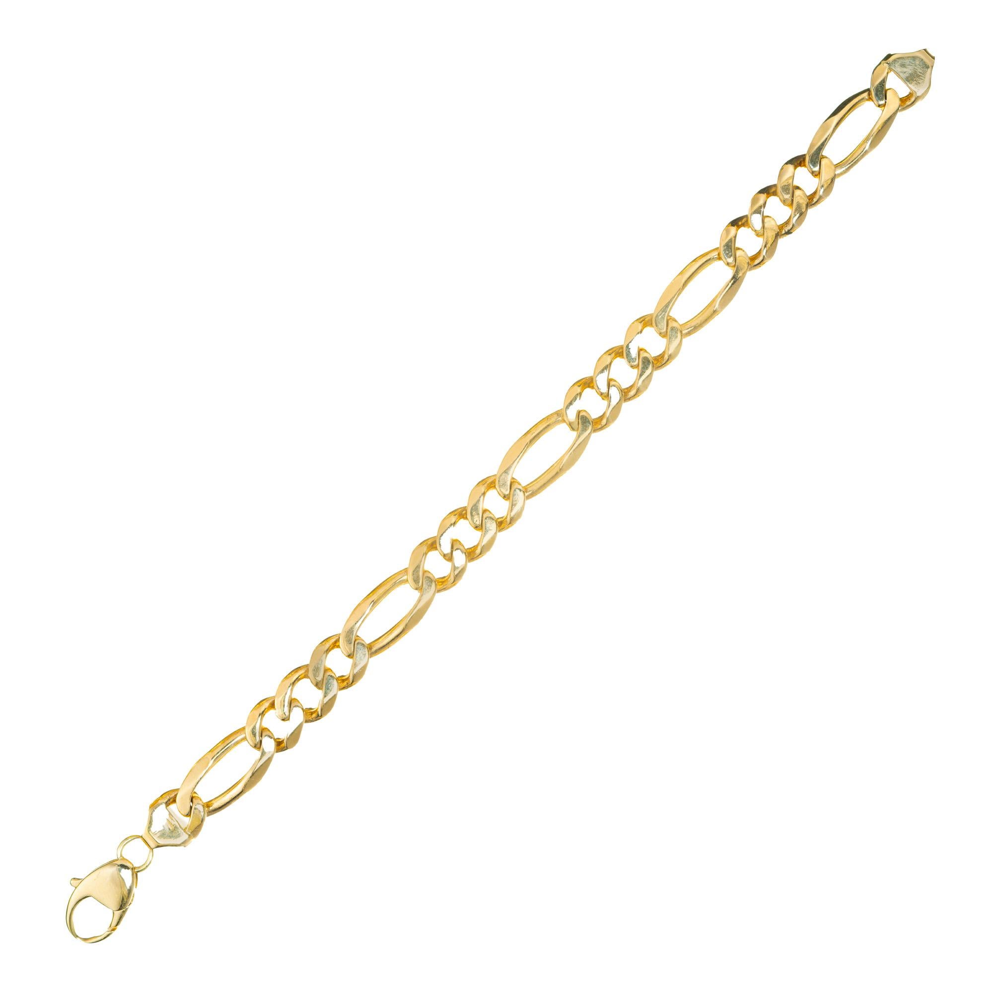 Solid 10 Inch men's 12mm Figaro link 14k yellow gold bracelet. 

14k yellow gold 
Stamped: 14 Italy
Hallmark: ORITALIA
62.7 grams
Width: 12mm or .48 Inches
Depth or thickness: 4.15mm
Bracelet: 10 Inches

