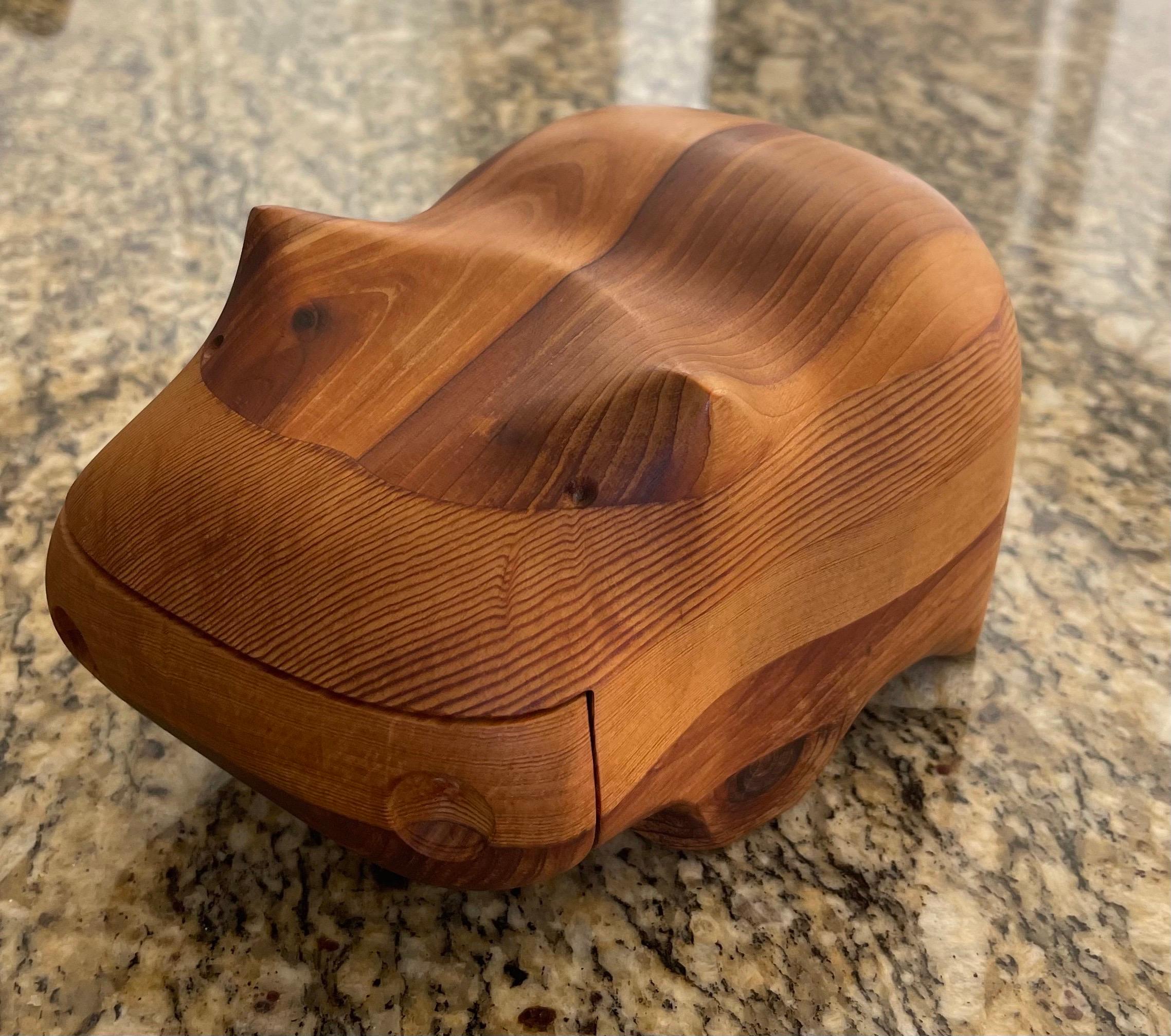 Incredible craftsmanship on this solid staved pine and cedar hippo box designed and hand crafted by artist Deborah Bump. Fully signed on bottom. Circa 1970s.  #1902

 