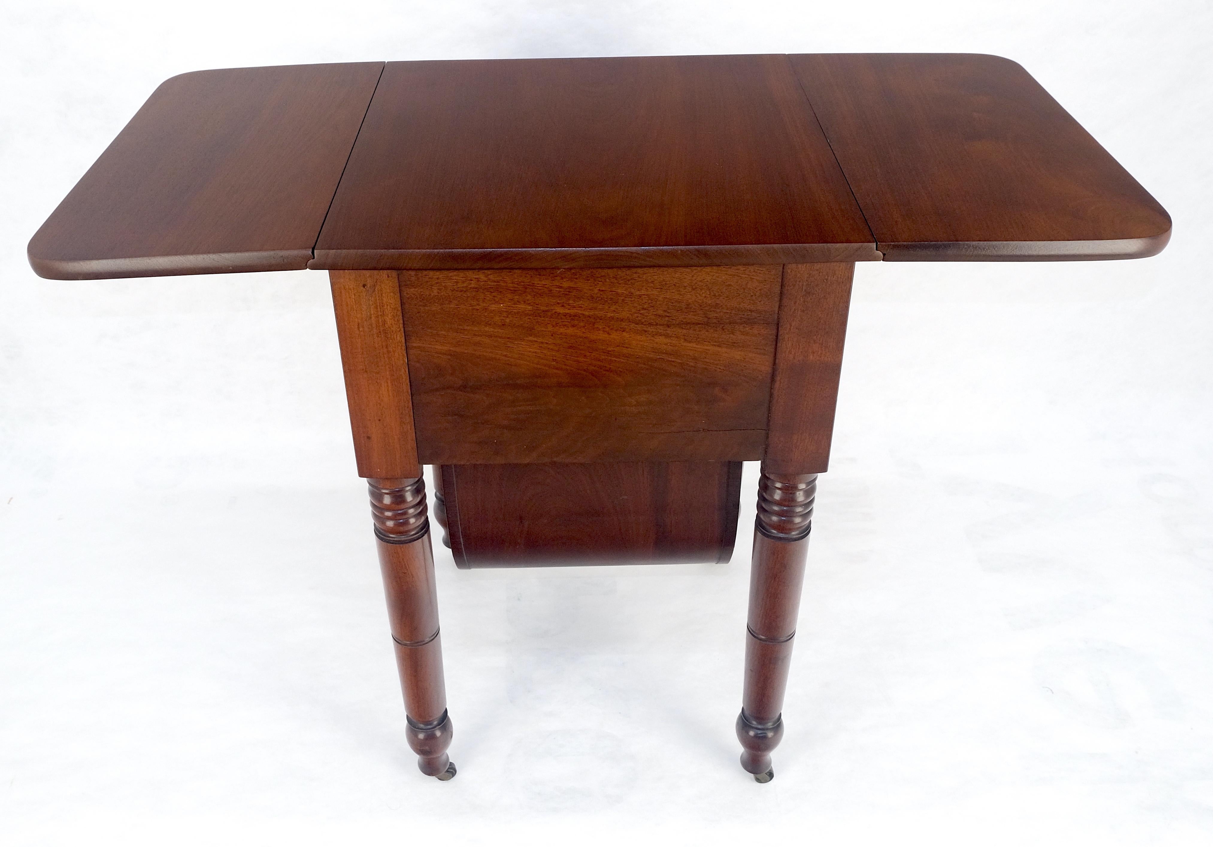 Solid flame Mahogany Turned Legs 3 Drawer Drop Leaf Sewing Stand Cabinet MINT For Sale 3