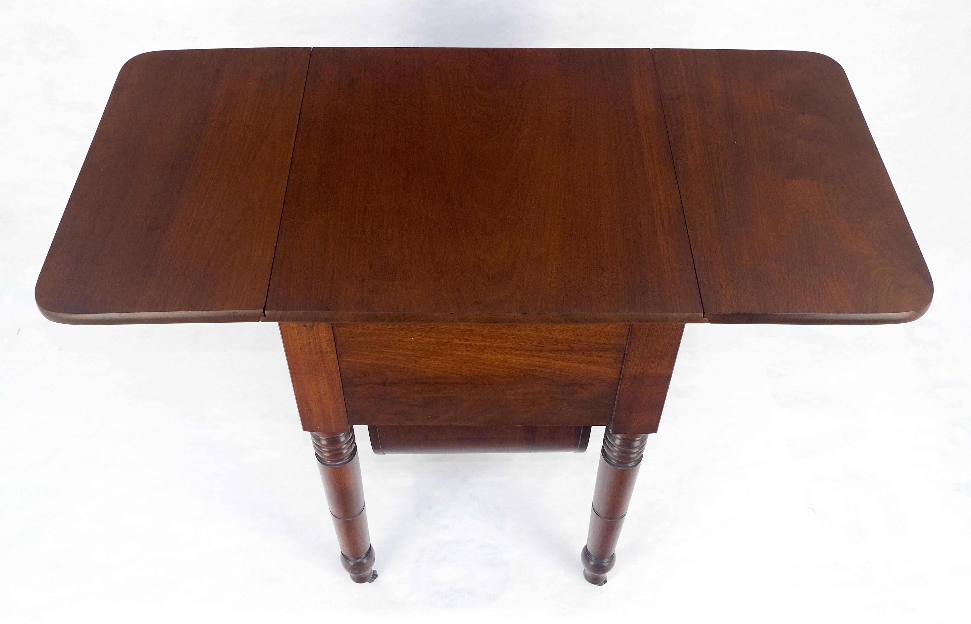 Solid flame Mahogany Turned Legs 3 Drawer Drop Leaf Sewing Stand Cabinet MINT For Sale 4