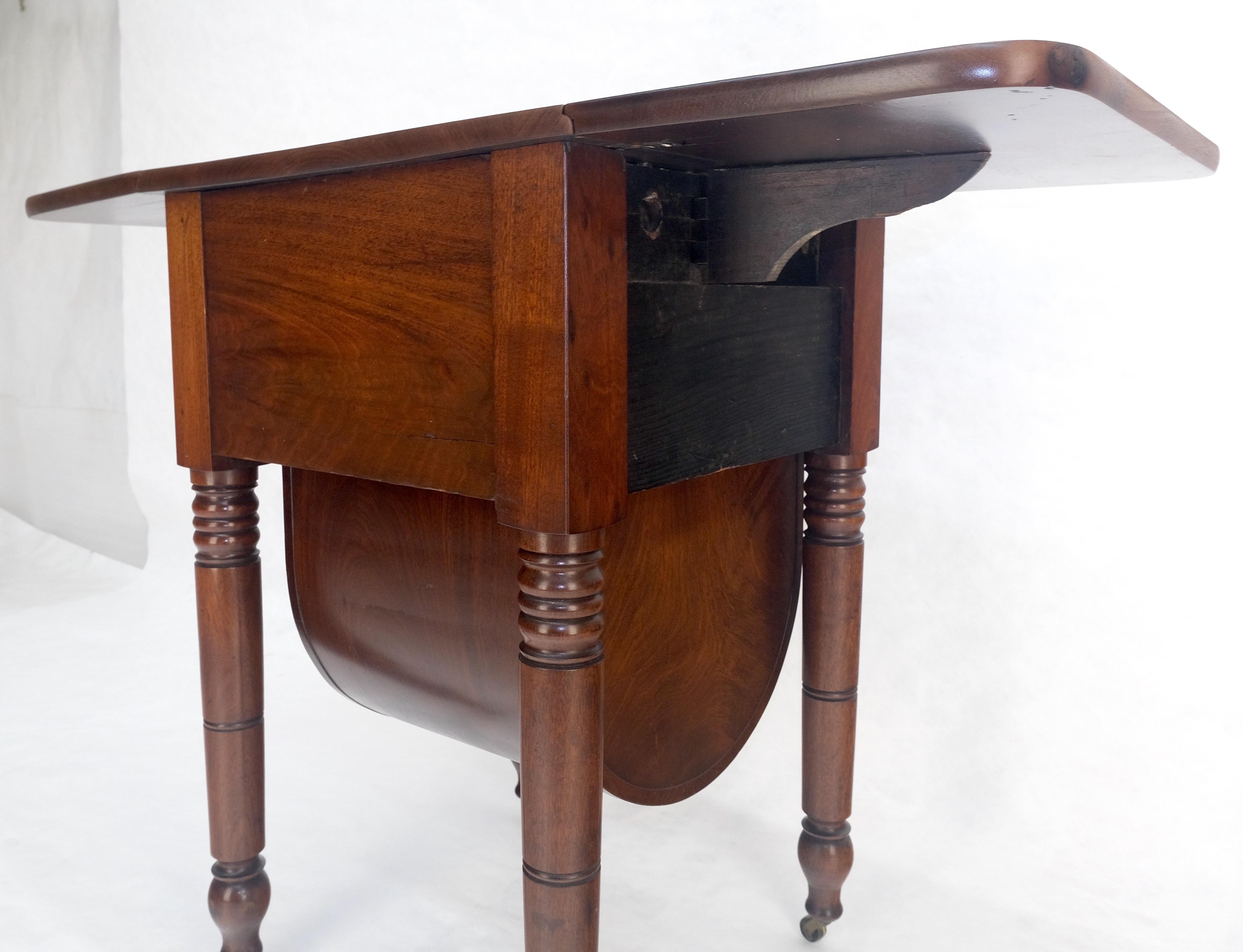 Solid flame Mahogany Turned Legs 3 Drawer Drop Leaf Sewing Stand Cabinet MINT For Sale 5