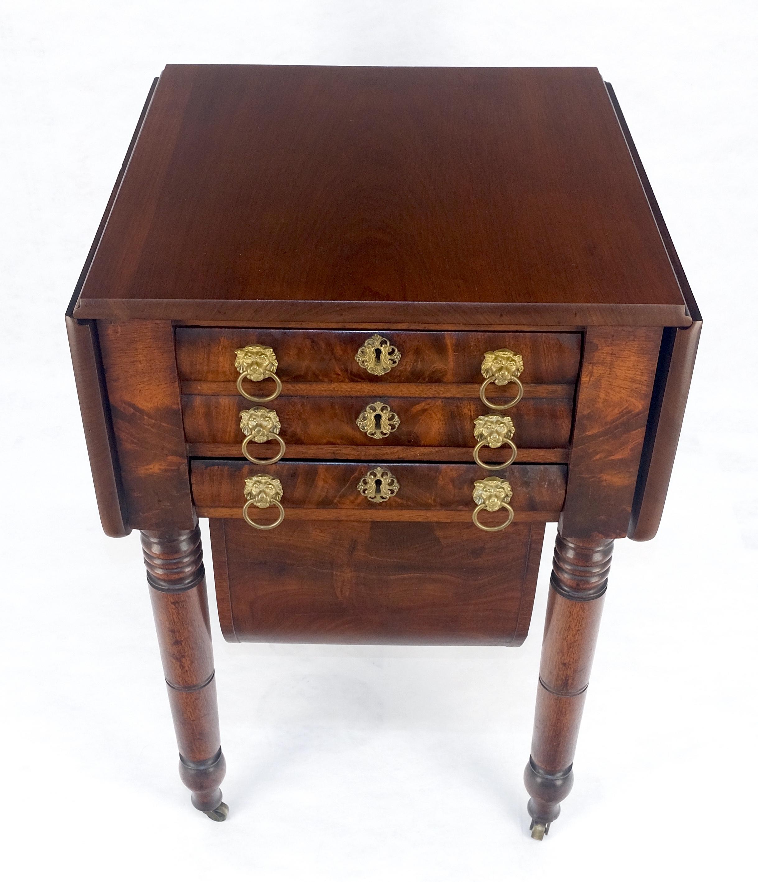 Solid flame Mahogany  Turned Legs 3 Drawer Drop Leaf Sewing Stand Cabinet MINT  
Drop Leaves are 10