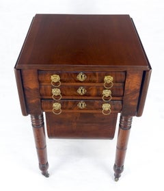 Solid flame Mahogany Turned Legs 3 Drawer Drop Leaf Sewing Stand Cabinet MINT
