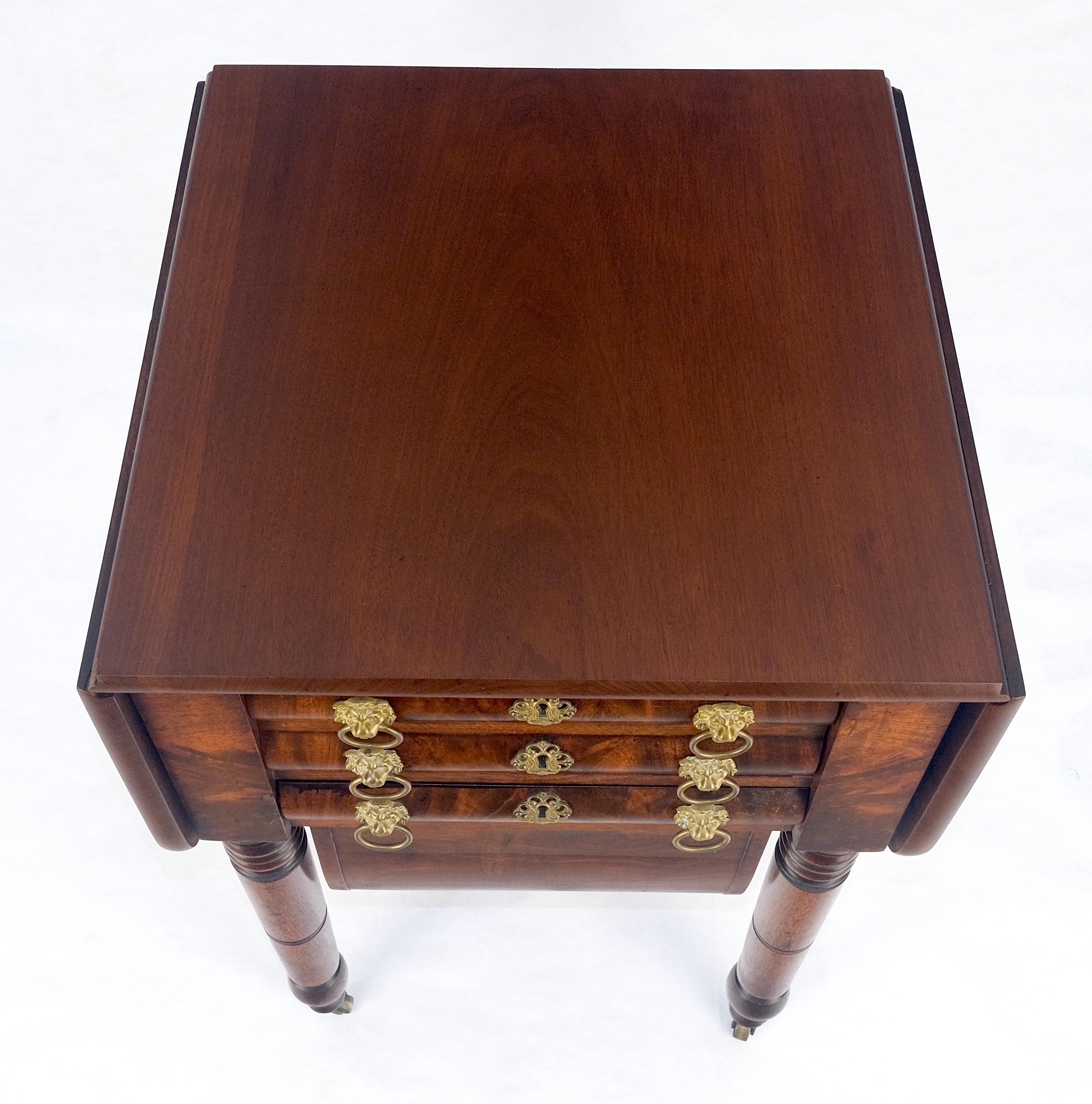 Federal Solid flame Mahogany Turned Legs 3 Drawer Drop Leaf Sewing Stand Cabinet MINT For Sale