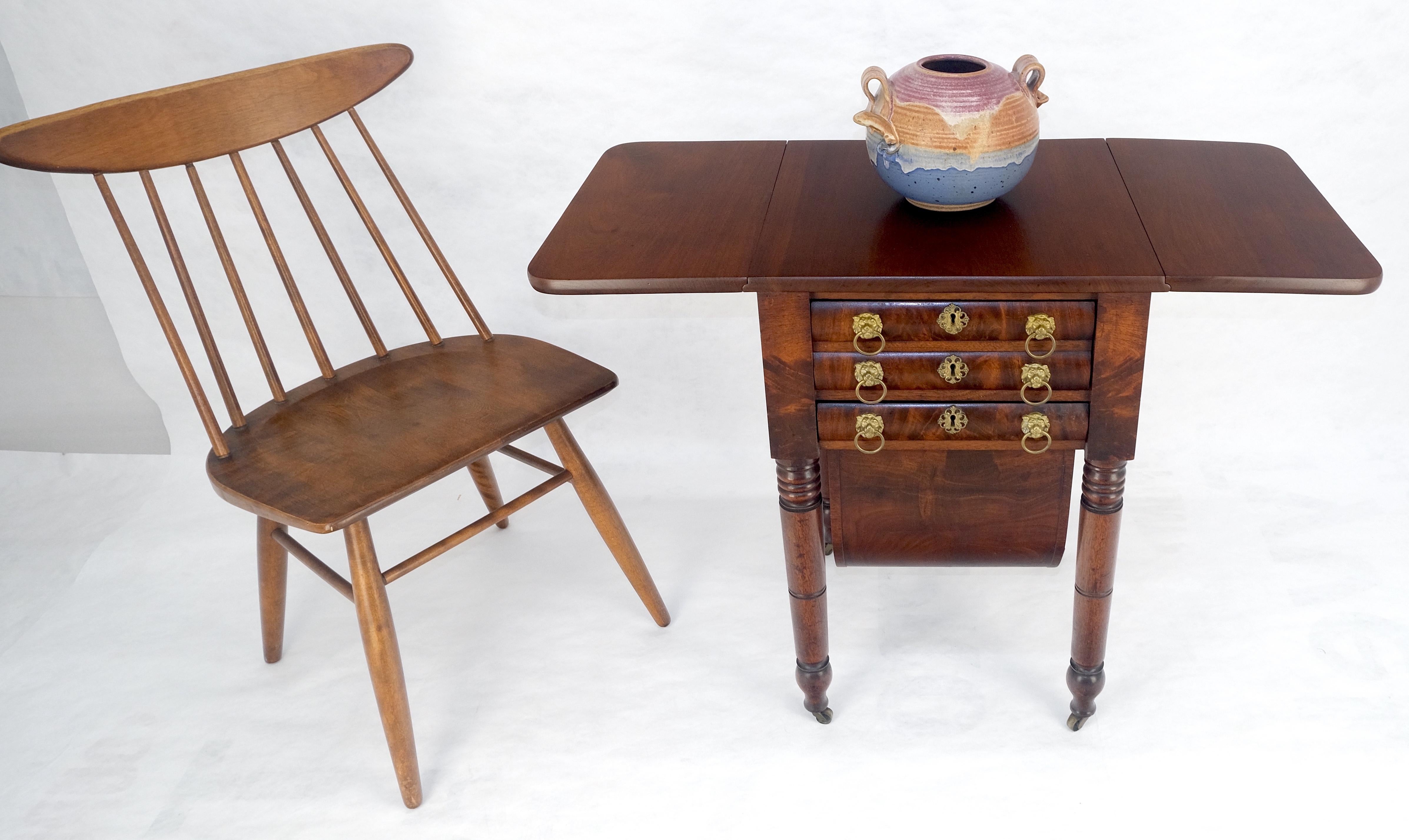 Solid flame Mahogany Turned Legs 3 Drawer Drop Leaf Sewing Stand Cabinet MINT For Sale 2