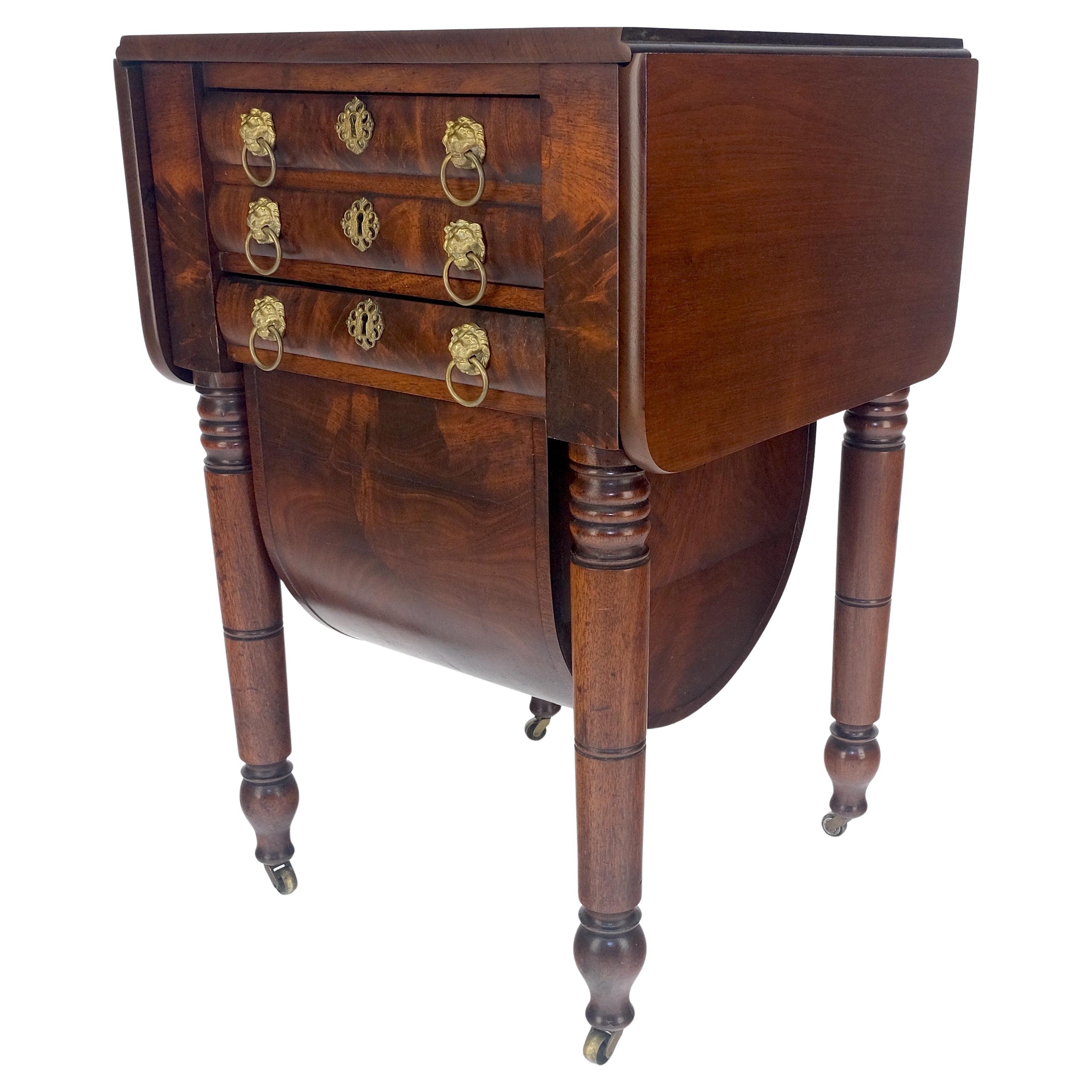 Solid flame Mahogany Turned Legs 3 Drawer Drop Leaf Sewing Stand Cabinet MINT For Sale