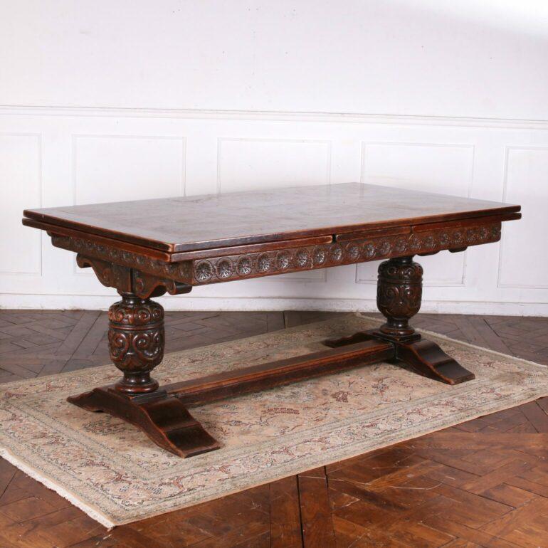 Hand-Carved Solid French Oak Refectory Draw Leaf Dining Table For Sale