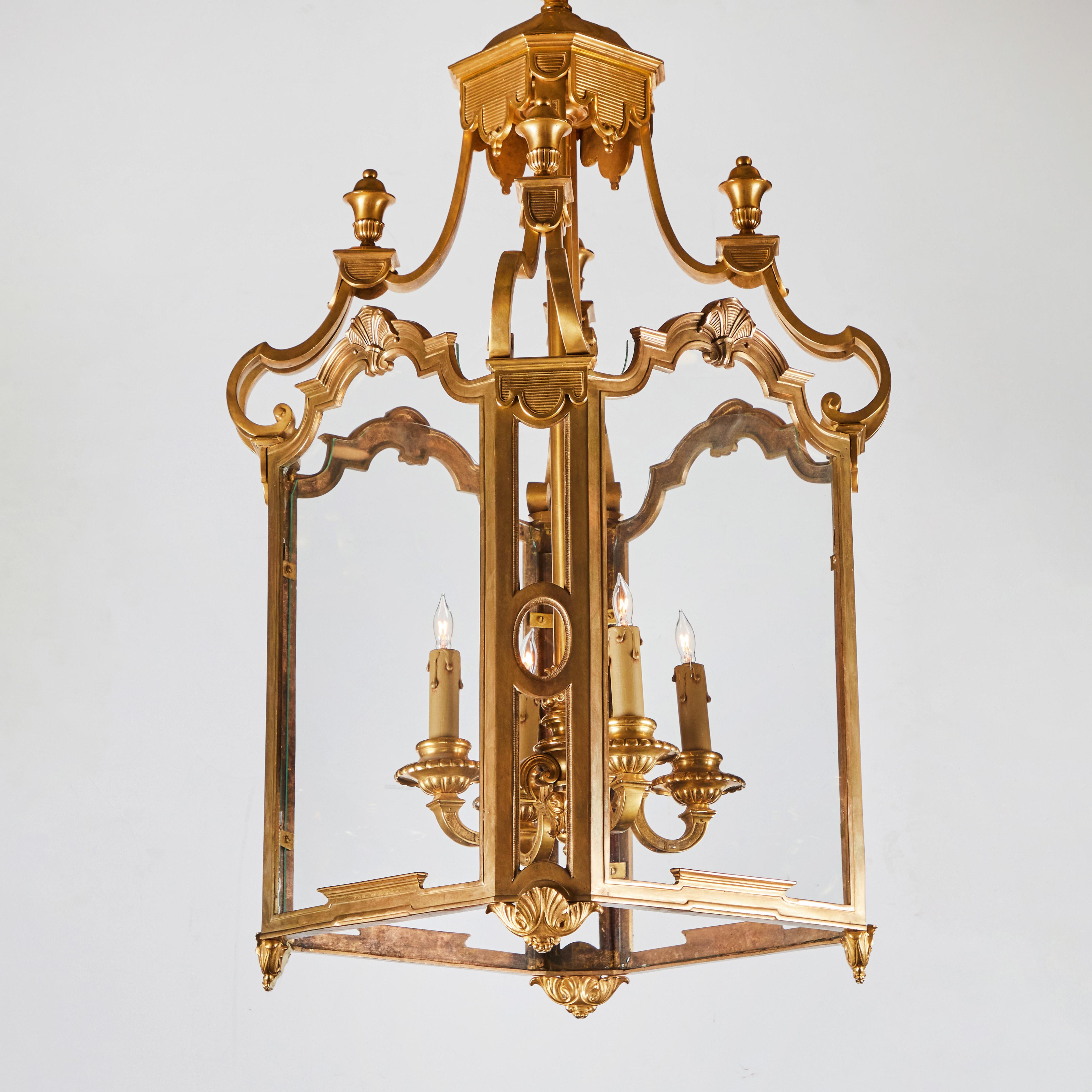 Gilt Solid Gilded Bronze and Glass Lantern For Sale
