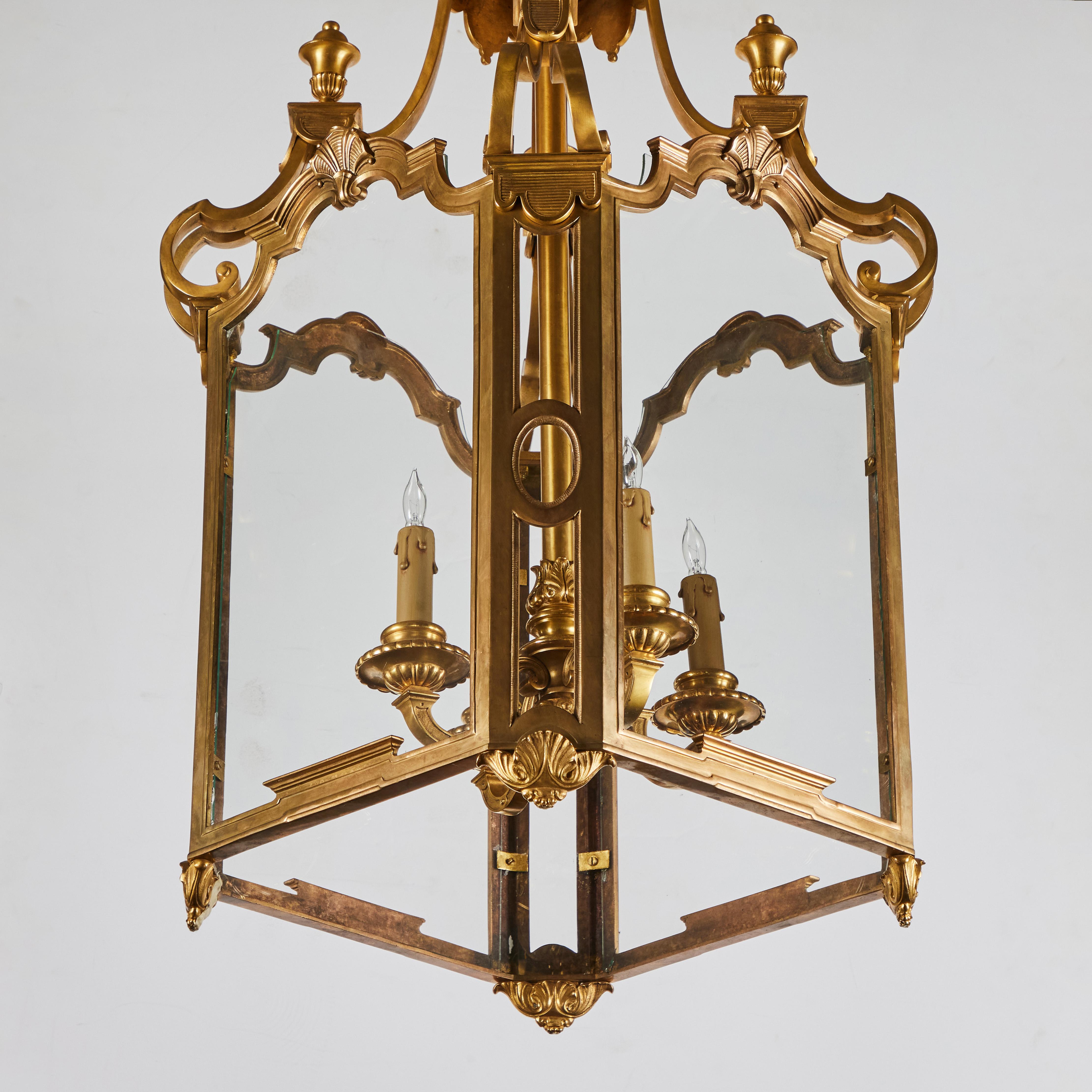 Solid Gilded Bronze and Glass Lantern In Good Condition For Sale In Newport Beach, CA