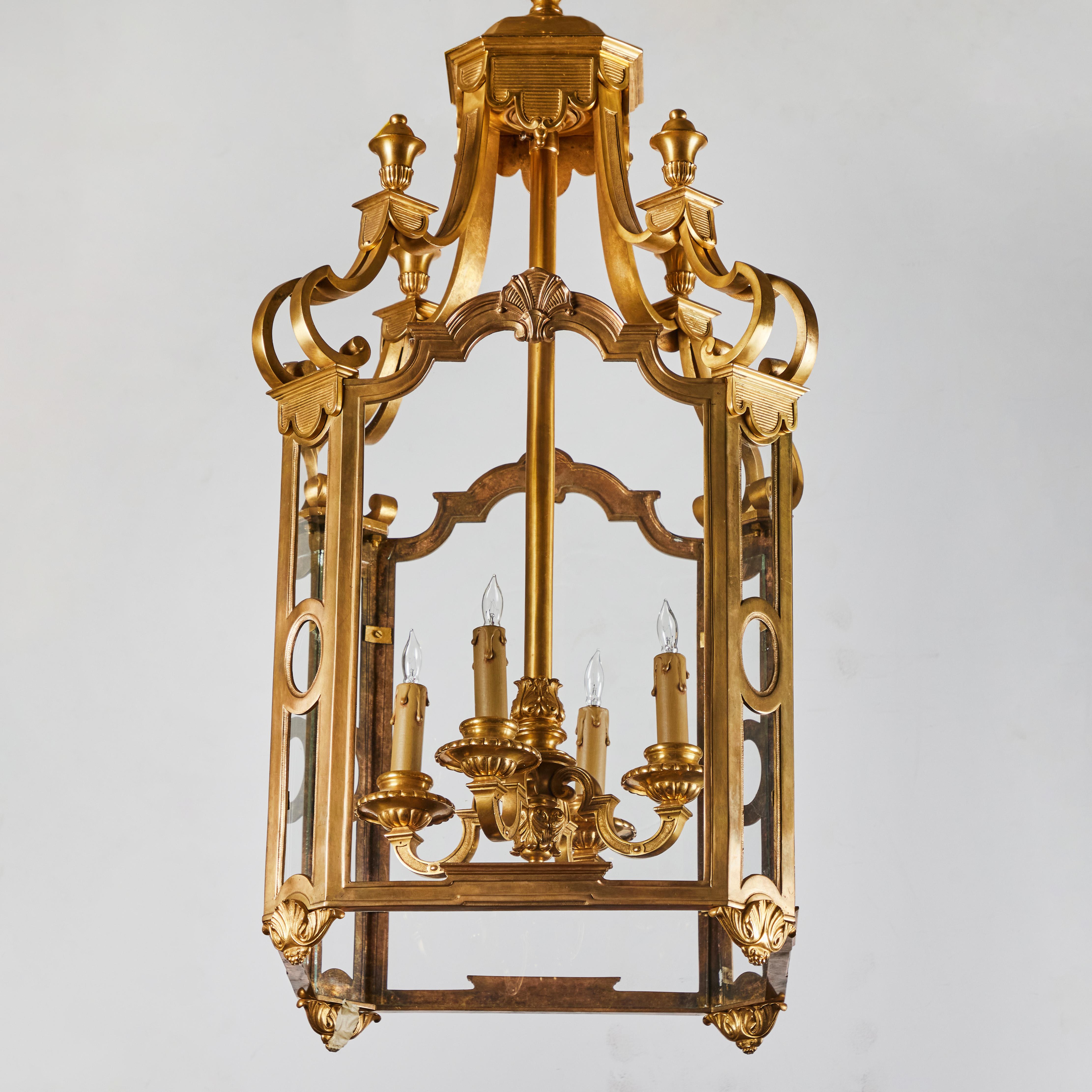Solid Gilded Bronze and Glass Lantern For Sale 2