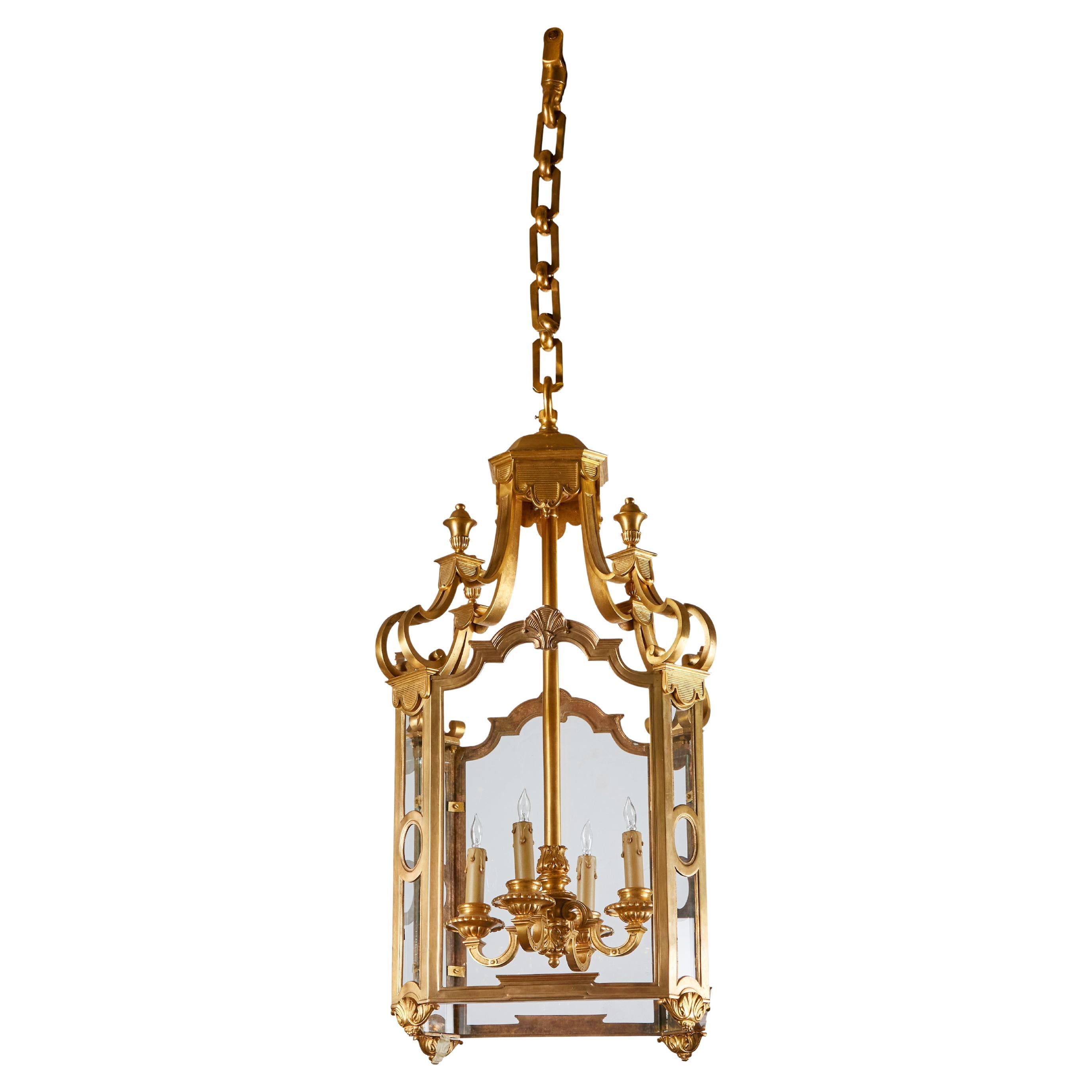 Solid Gilded Bronze and Glass Lantern For Sale