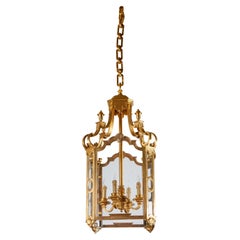 Antique Solid Gilded Bronze and Glass Lantern
